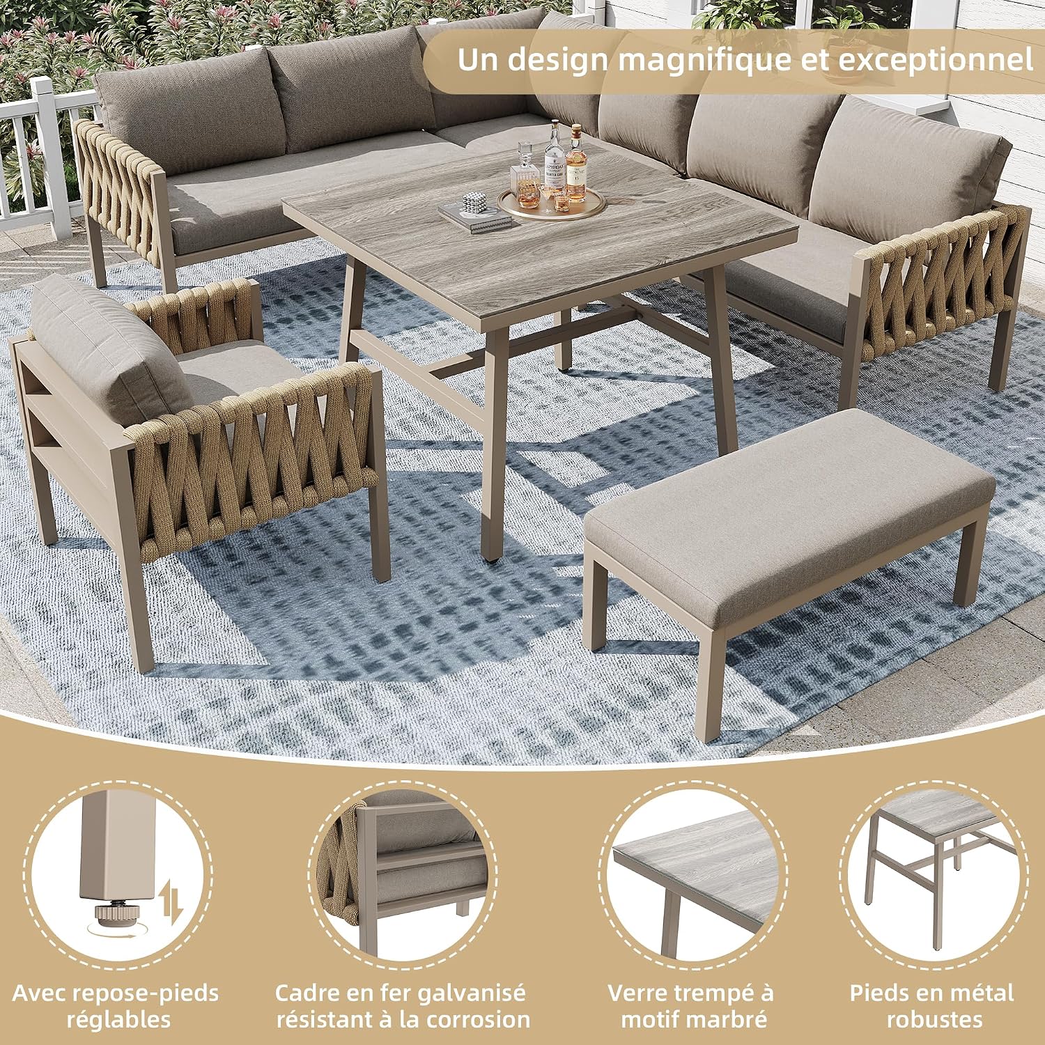 Idemon Set di mobili da giardino con struttura in ferro zincato, gambe regolabili, divano ad angolo, piano in vetro temperato, inclusi tutti i cuscini per seduta e schienale, beige
