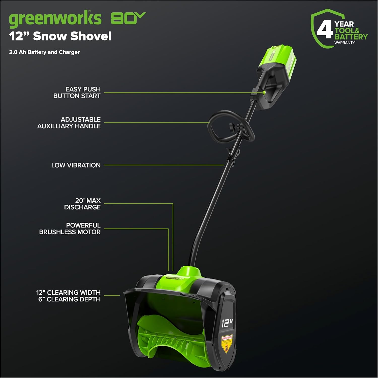 Greenworks 80V (75+ Compatible Tools) 12” Brushless Cordless Snow Shovel  2.0Ah Battery and Charger Included