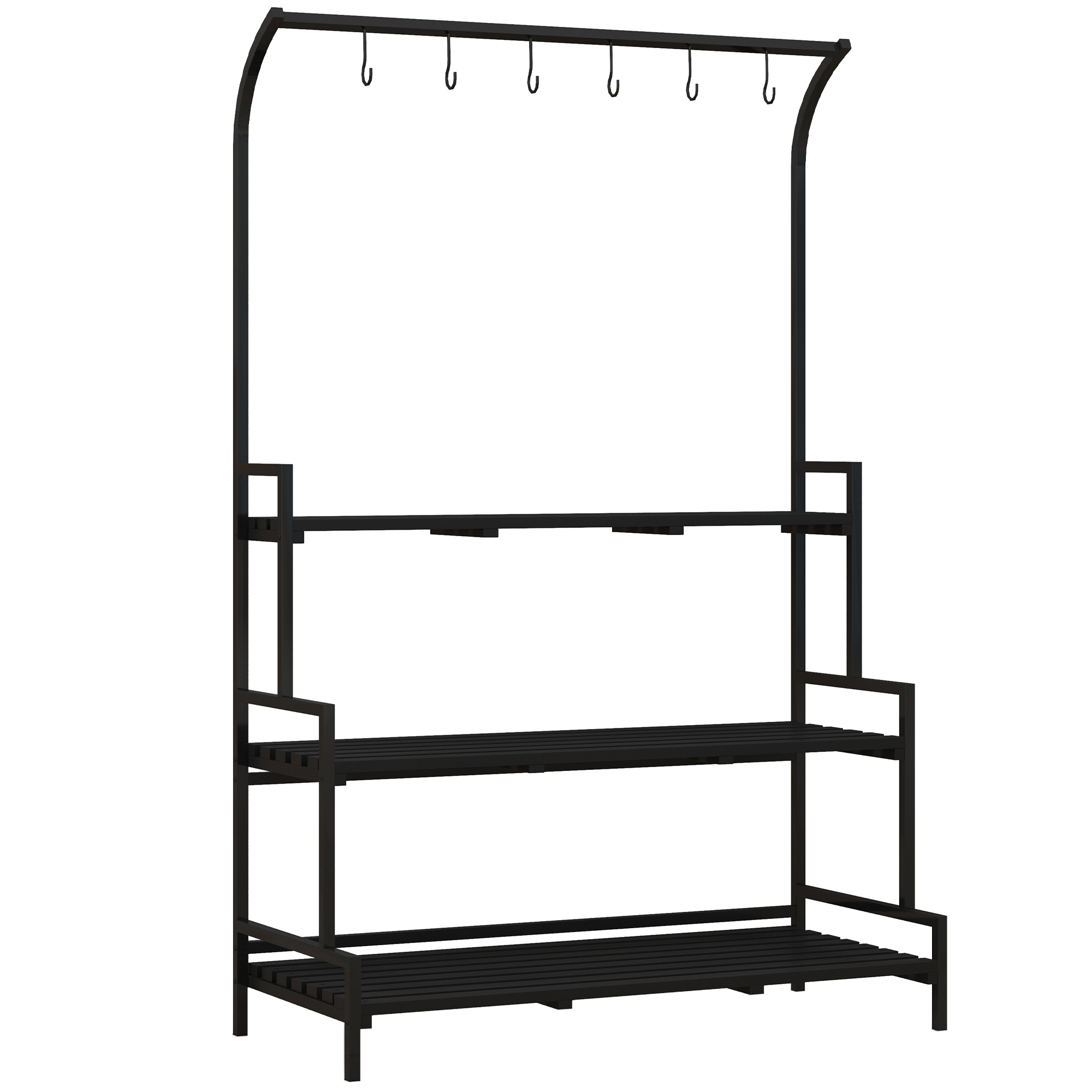 Outsunny Blumenständer, 3 Etagen, 6 Haken, Indoor & Outdoor, Metallrahmen, 170H x 110L x 50B cm, Schwarz