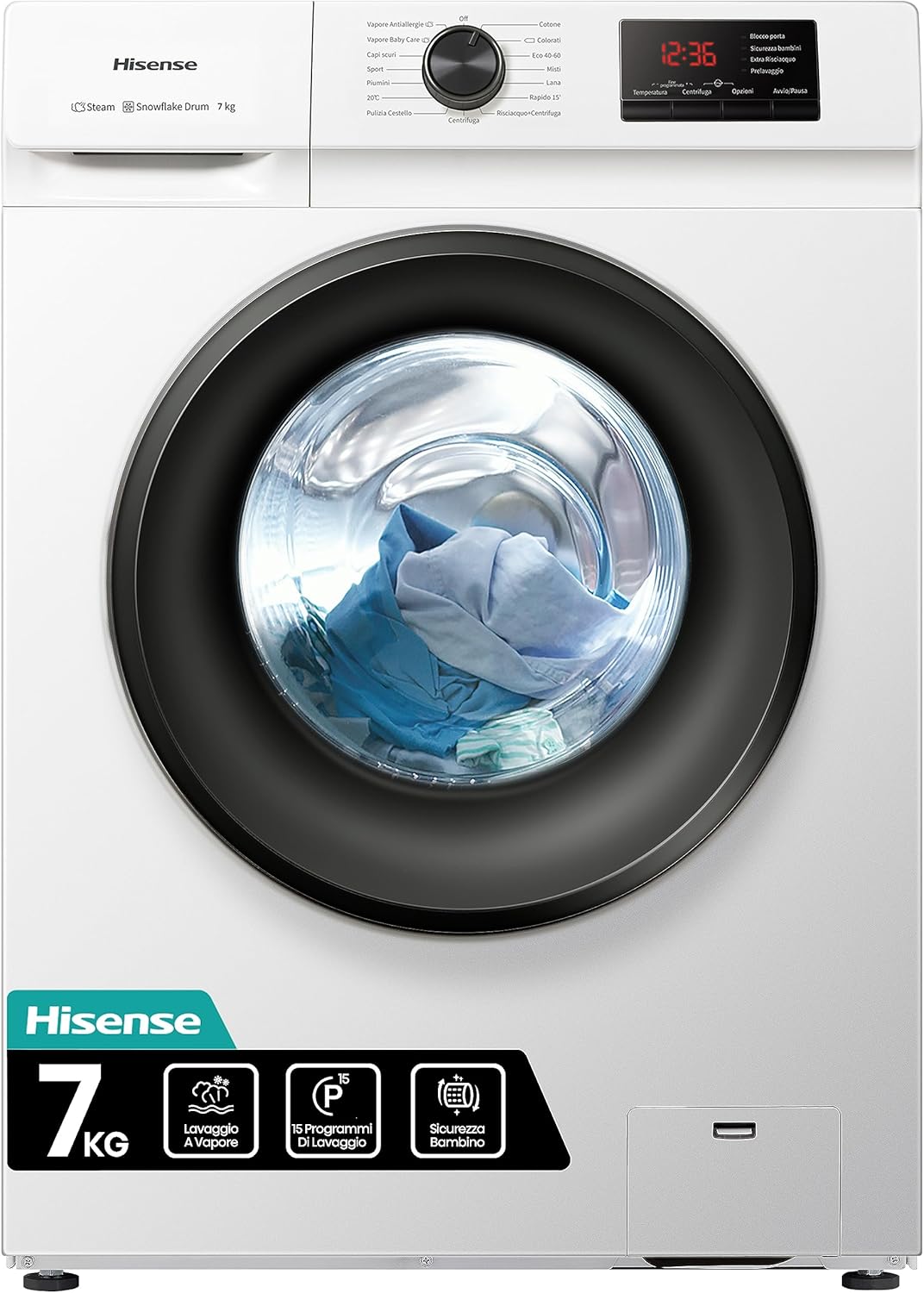 Hisense WFVB7012EM Front Load Washing Machine 7 kg 1200 rpm 15 Programs Steam LED Display Rapid Program Delay Start Child Lock