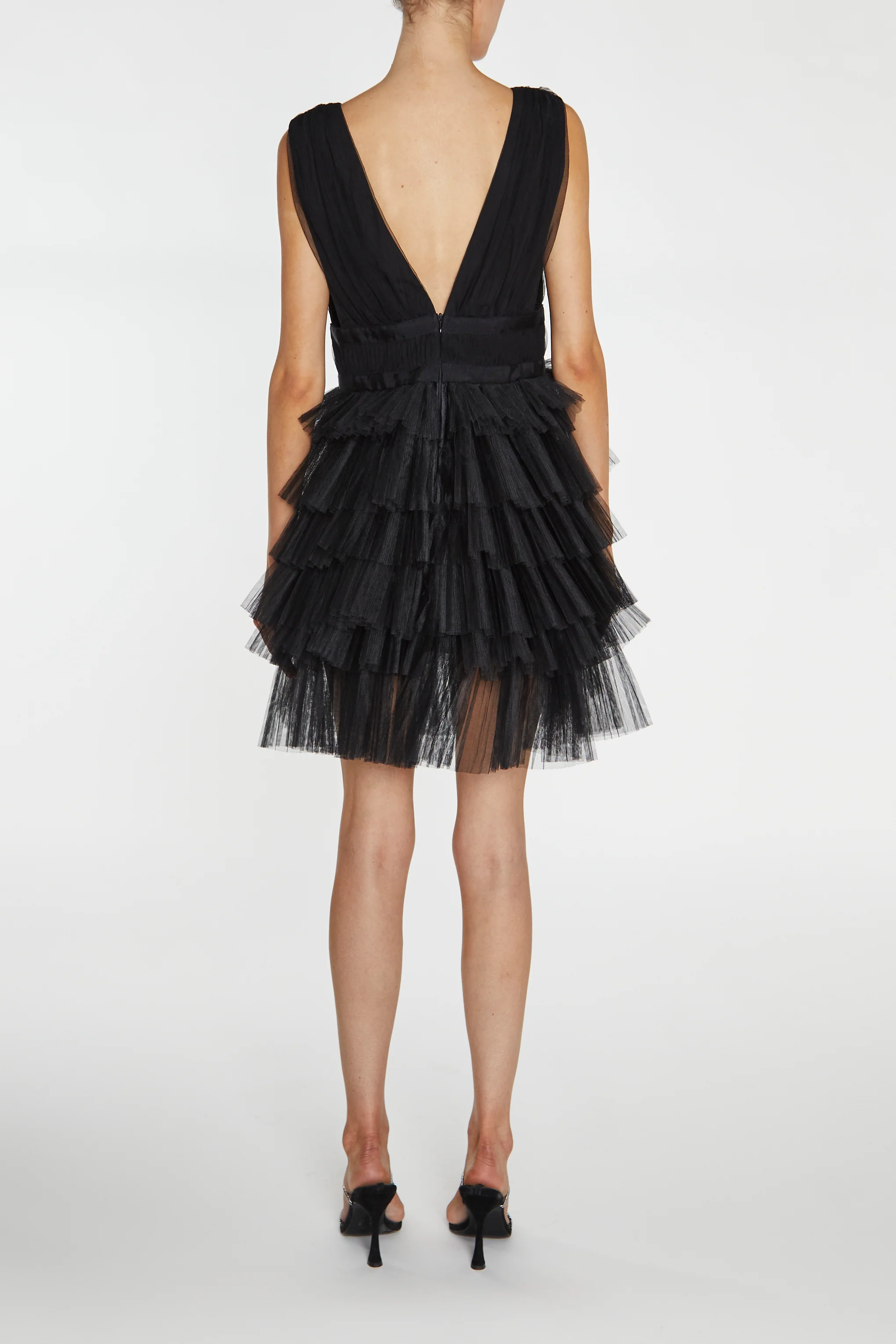 Elle Black Plunge-Front Tiered Tulle Mini-Dress