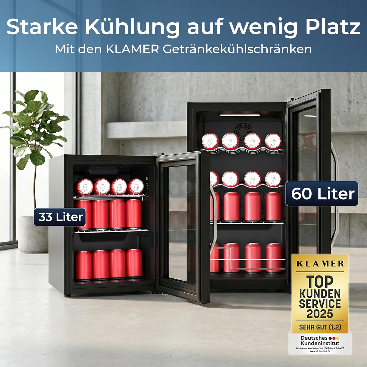 KLAMER Getränkekühlschrank 60 L, Mini Kühlschrank bis 60 Dosen, 0–20°C Touch Display, Glasfront, Automatische Abtaufunktion, Edelstahlgriff, Kühlschrank ohne Gefrierfach