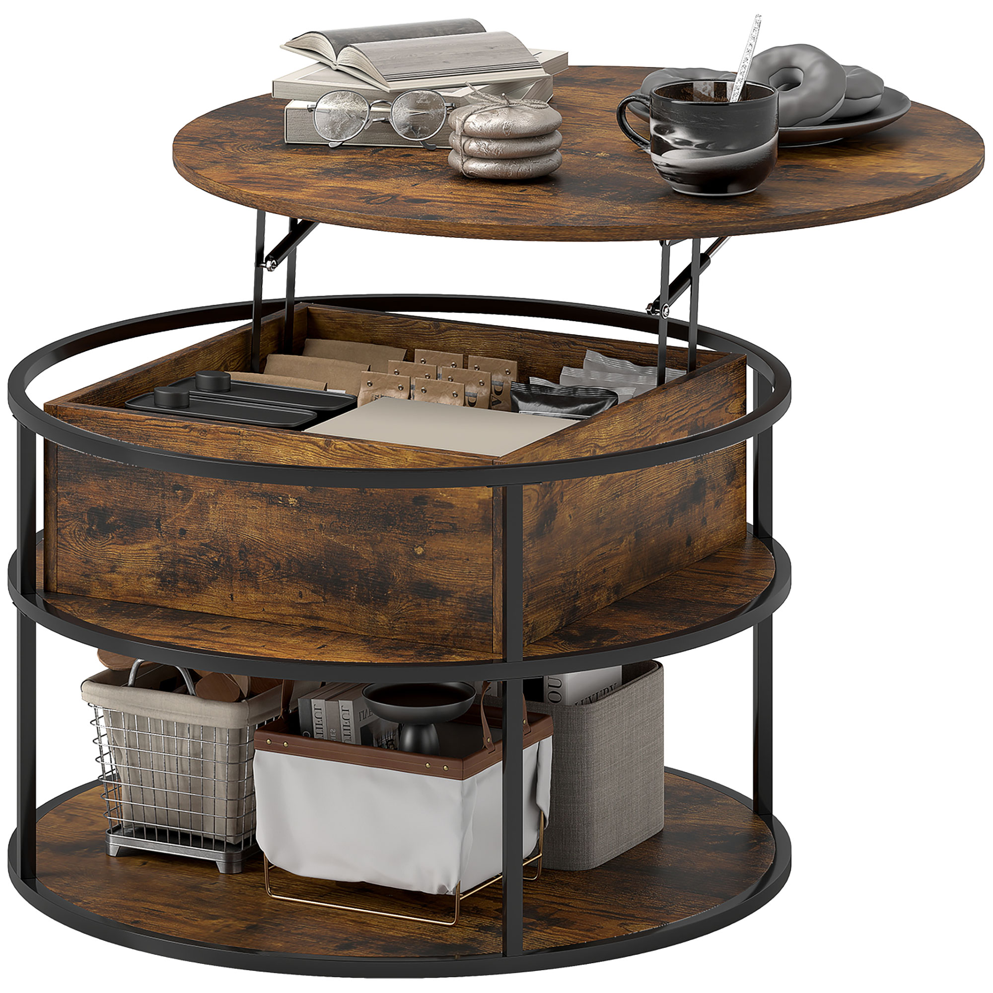 HOMCOM Ronde Koffietafel met Ophefbaar Tafelblad, Opbergruimte, Zijvakken, Stalen Frame, Salontafel, Bruin