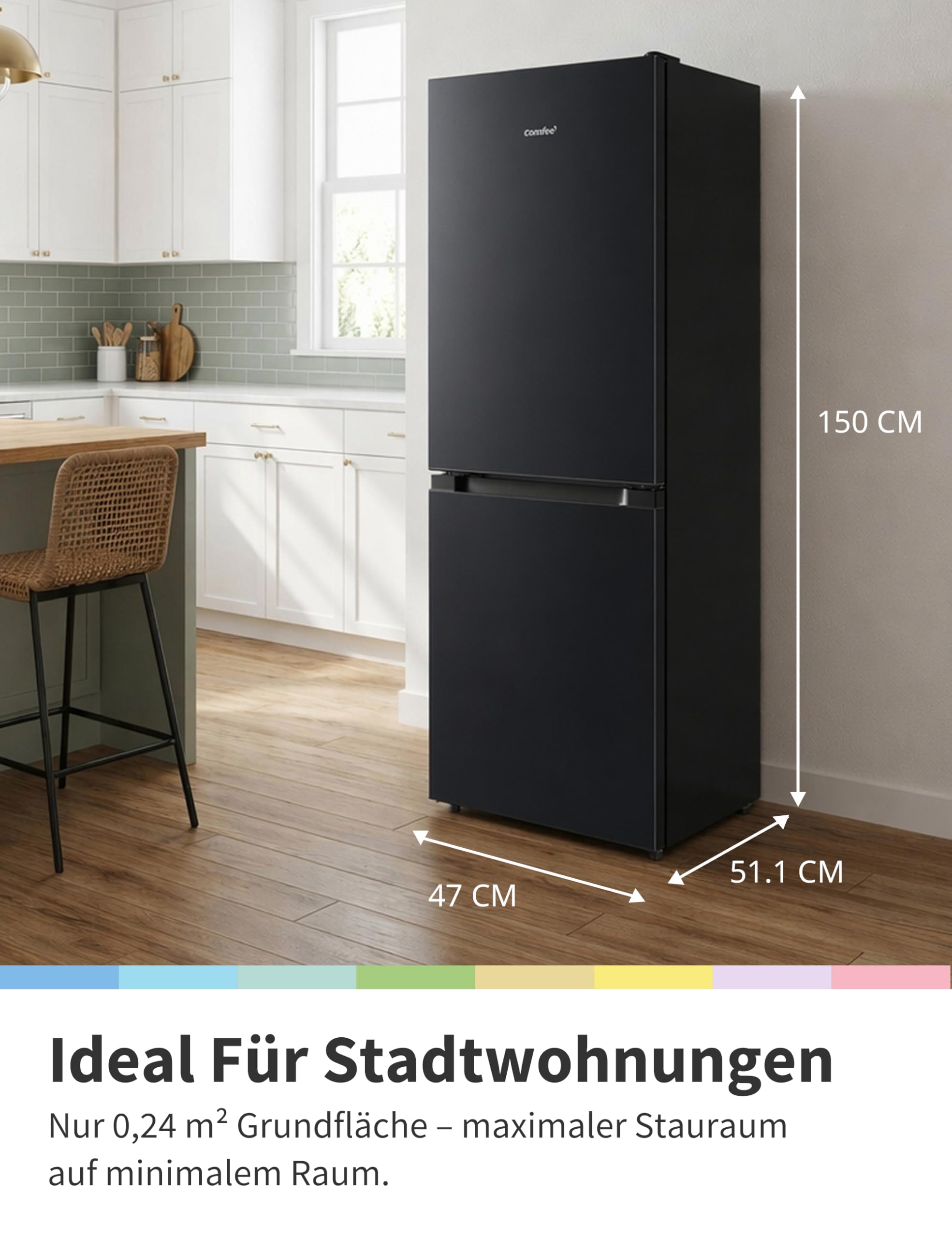 Comfee 174L Kühl Gefrierkombination 150cm Höhe 39dB Low Frost 180 Grad Flipregal leise für Küche