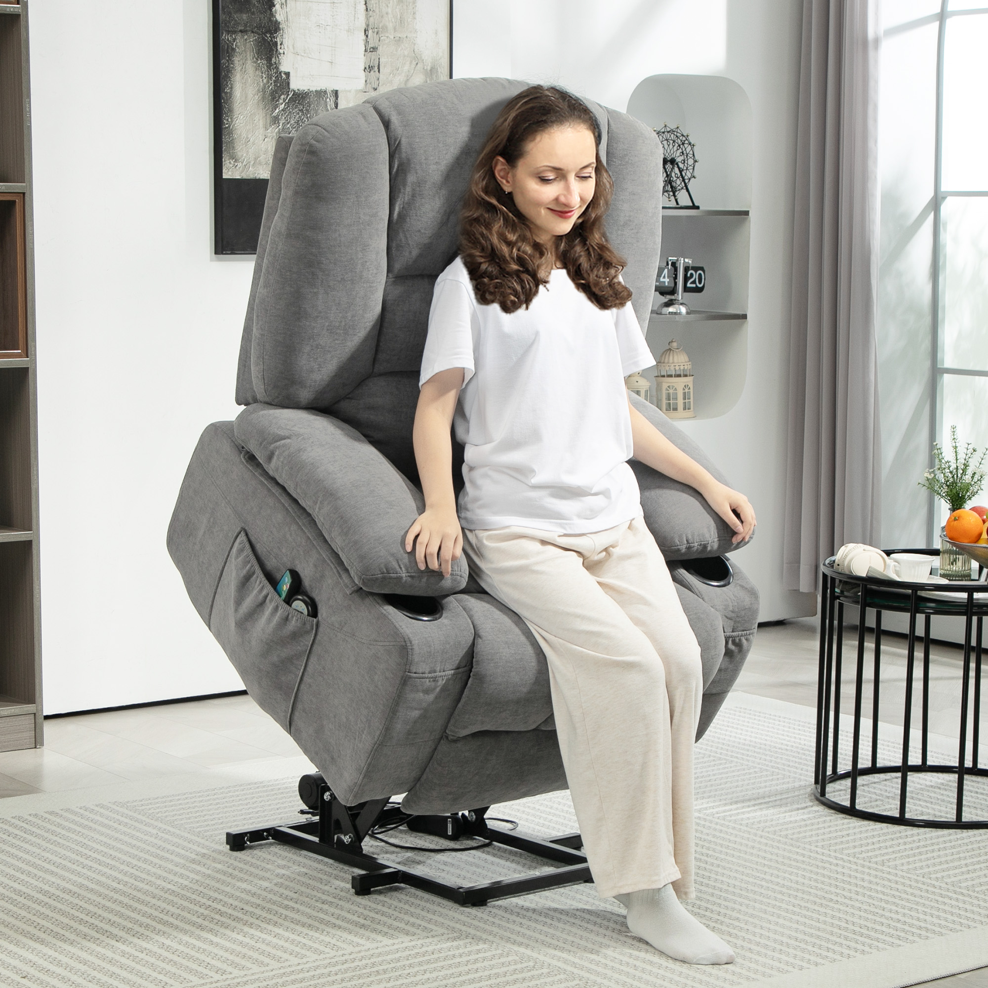 HOMCOM Elektrischer Relaxsessel mit Aufstehhilfe, Massagesessel mit Wärmefunktionen, 2 Fernbedienungen, weicher Schaumstoff