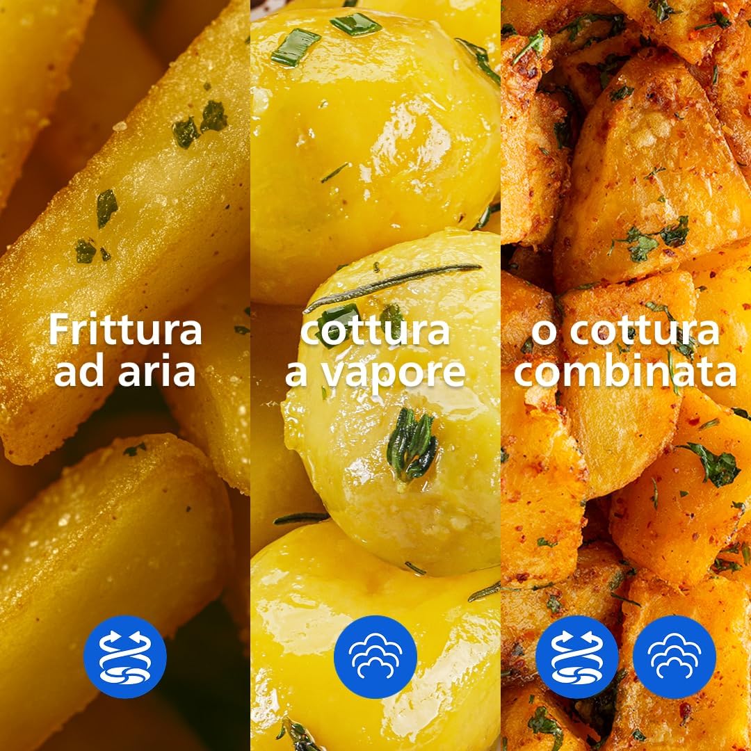 Airfryer Serie 5000 doppio cestello con vapore-Frittura ad aria, cottura a vapore o combinata 19 metodi di cottura; Capacità 9L (3L + 6L), Tecnologia RapidAir Plus, Auto SteamClean (NA550/00)