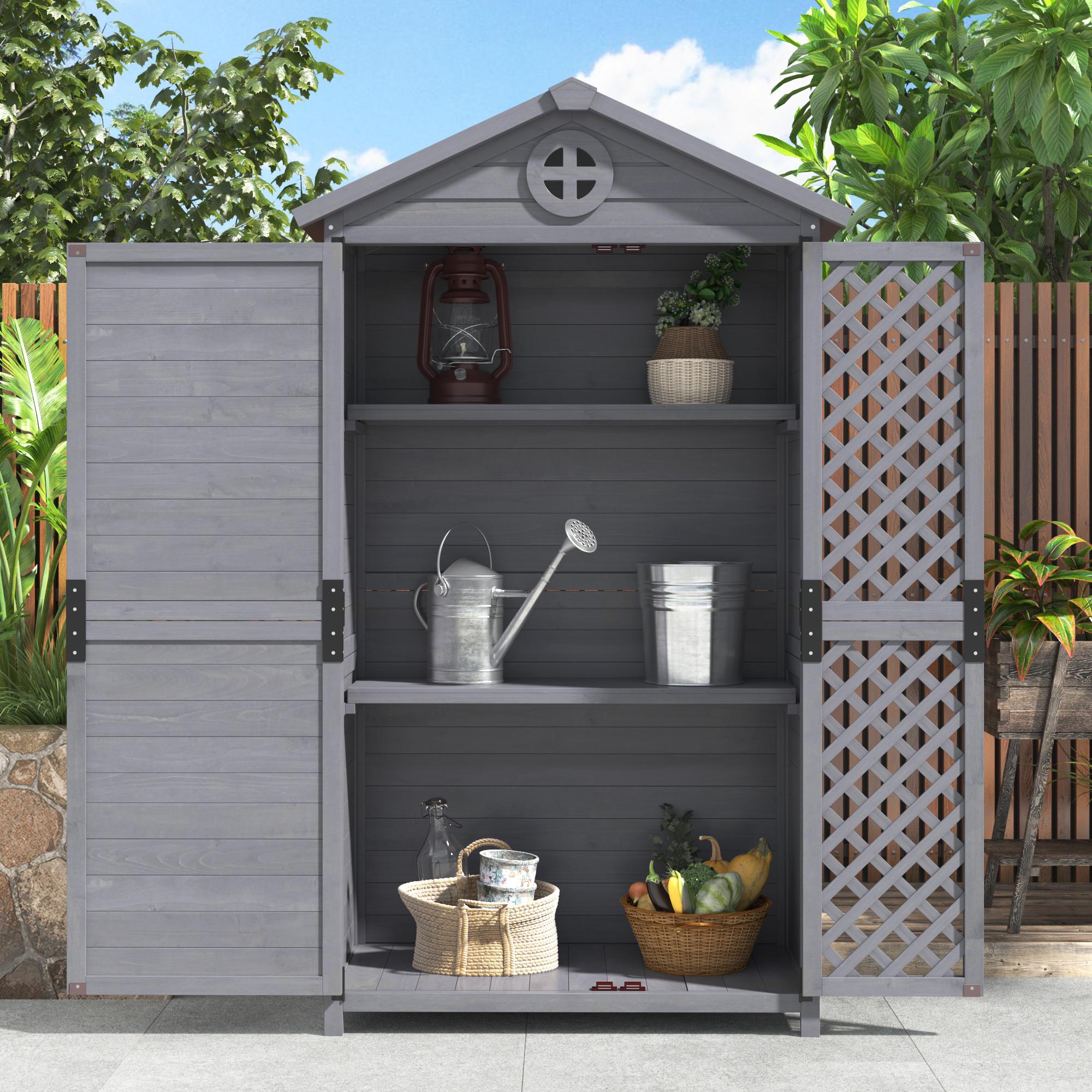 Gartenschrank Holz 90x56cm mit Regalen - Stabile Gartenhaus für den Außenbereich, grau