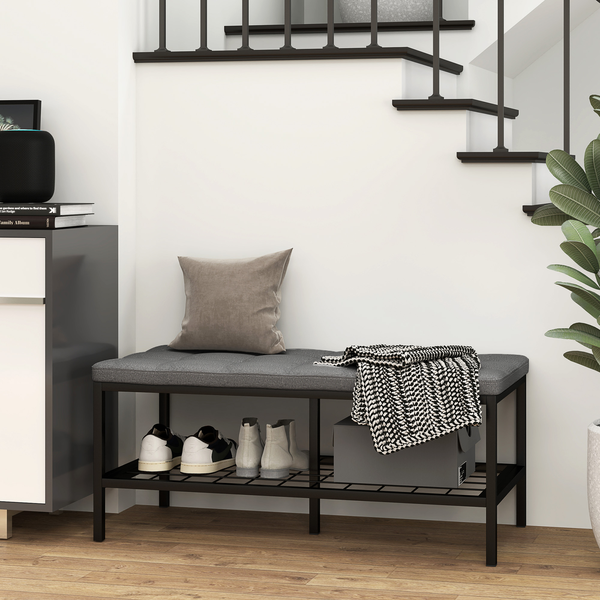 HOMCOM Schuhbank mit gepolstertem Kissen und Regal, Eingangsbank für Flur, Schlafzimmer, 90x41x40cm, grau
