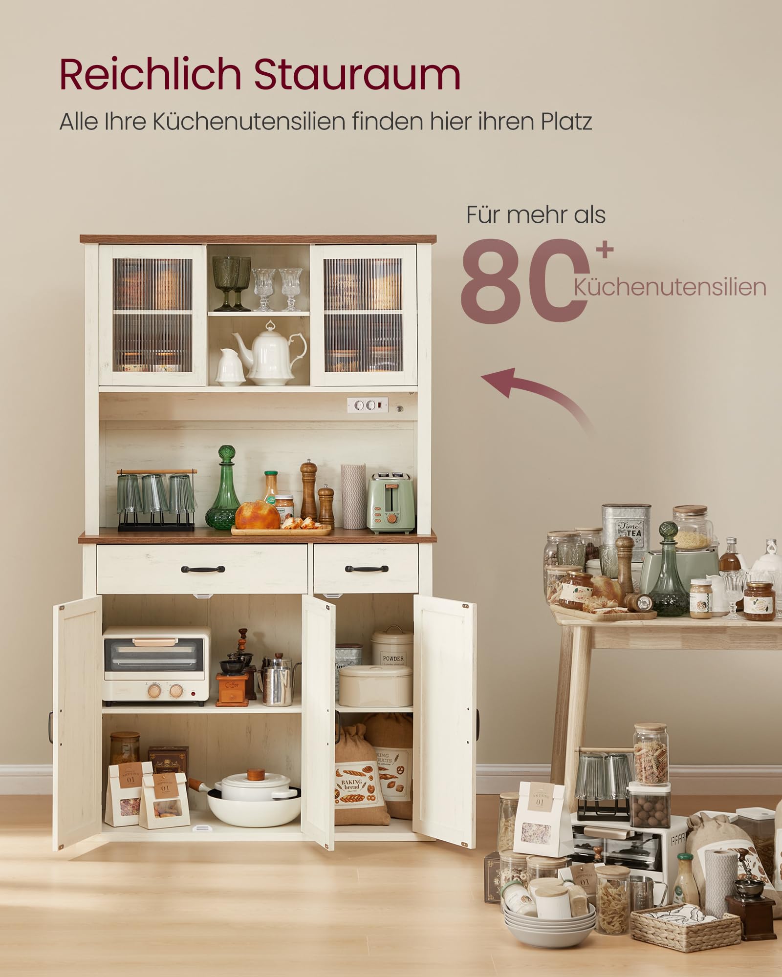 Sideboard mit Beleuchtung und Ladestation, Küchenschrank mit 6 offenen Fächern, 2 Schubladen und Schiebetüren, 106,5 cm breit