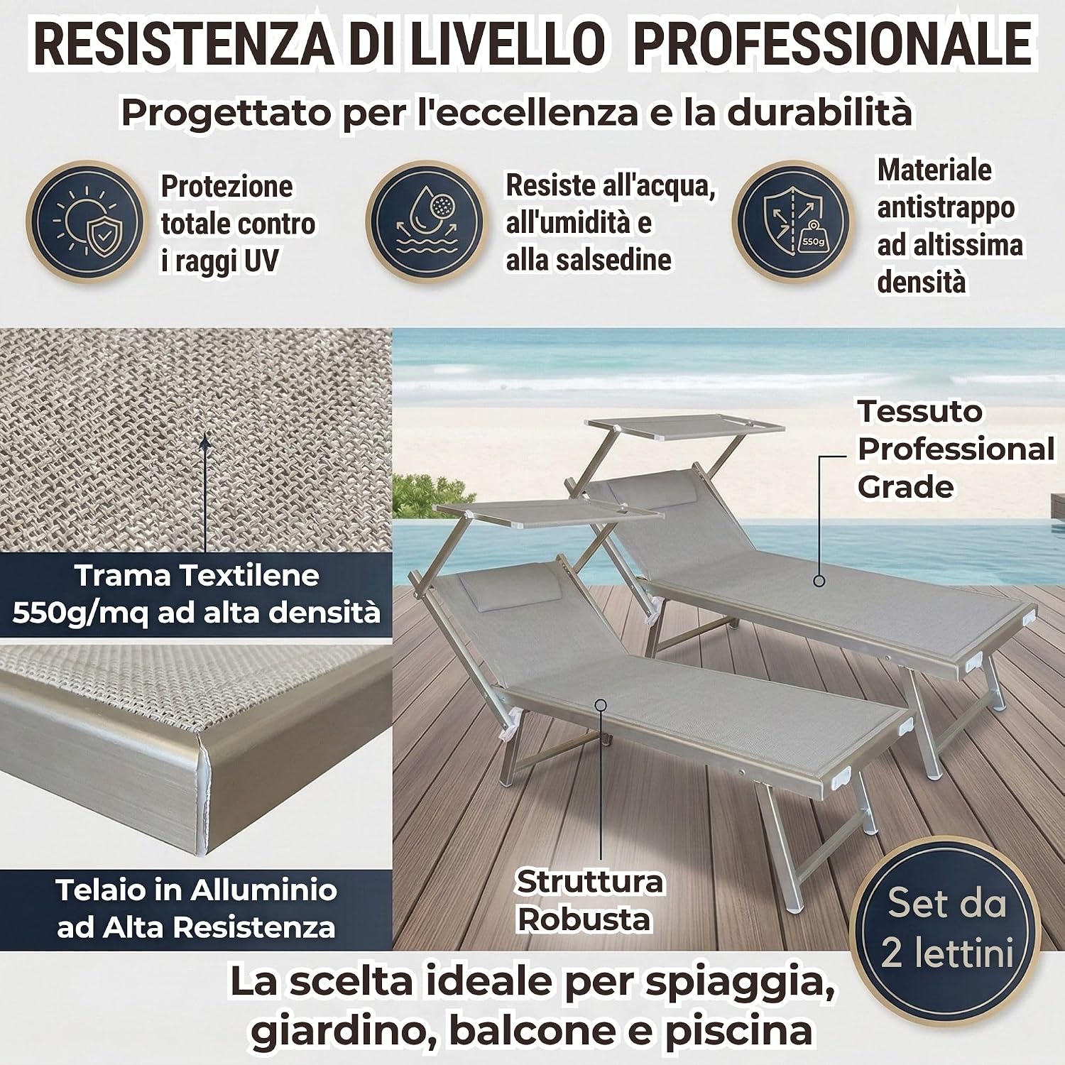 ZIK - 2 Lettini da Spiaggia Professionali, Sdraio da Spiaggia Pieghevole, Leggera, in Alluminio, Schienale Regolabile (181x60x38cm) Lettino Prendisole da Giardino, Mare, Piscina, Balcone (2x Bianco)