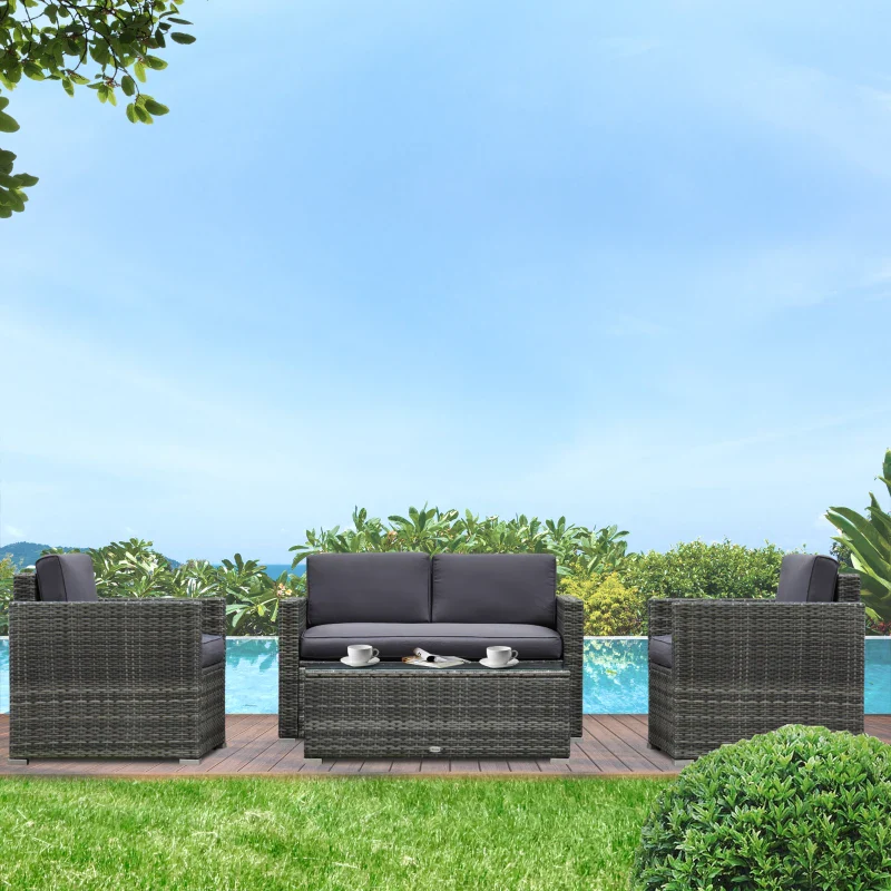Ensemble de meubles de patio 4 pièces, canapé en osier de rotin, ensemble de luxe pour extérieur, ensemble de meubles de jardin avec coussins pour porche, jardin, balcon au bord de la piscine, gris