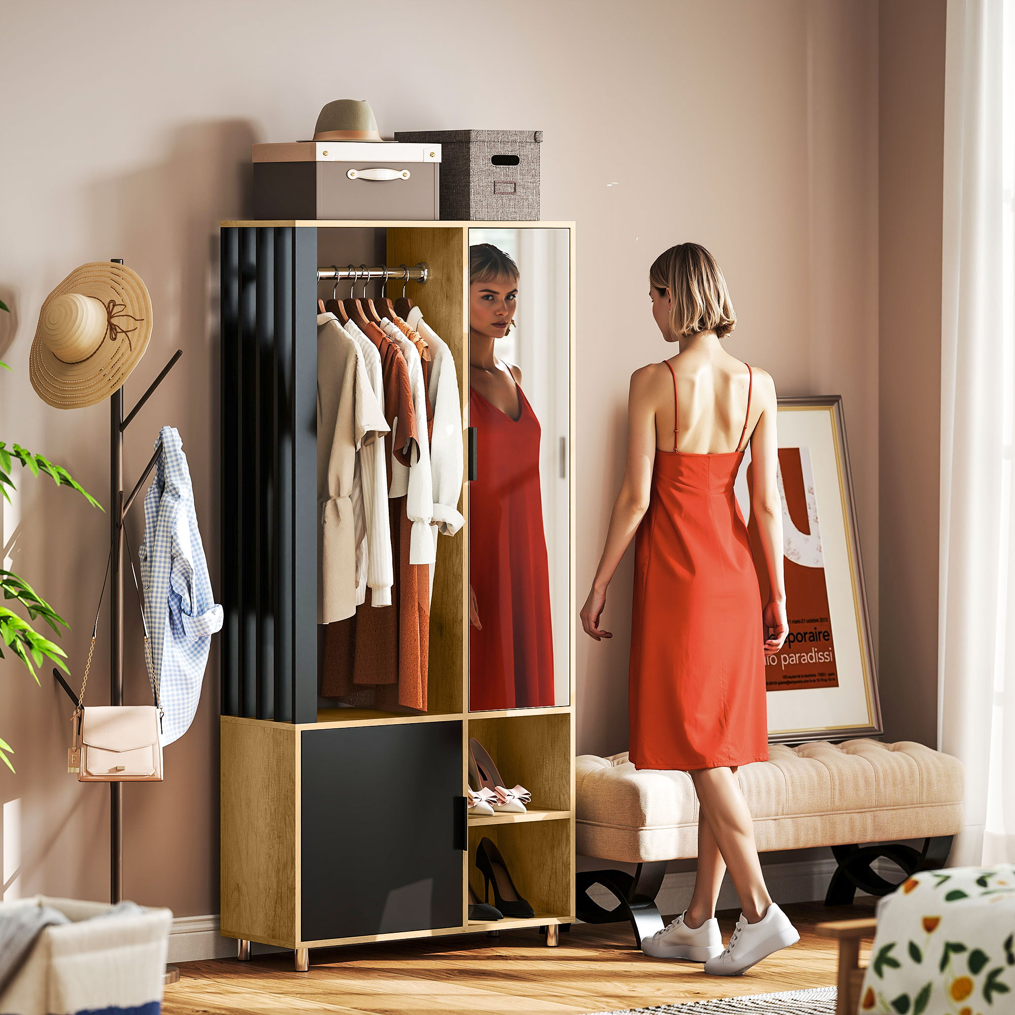 HOMCOM Kleiderschrank Schlafzimmer Garderobe mit Spiegel, offenen Fächern, Schrank und Kleiderstange, 80 x 30 x 170 cm, Natur