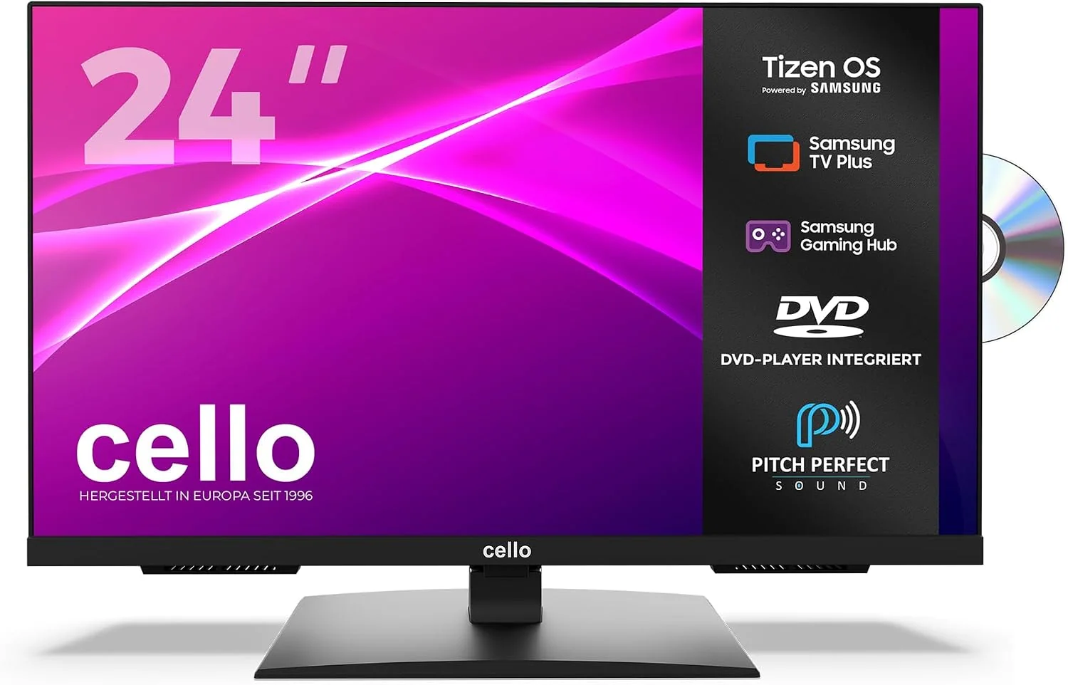 Cello Fernseher, 24 Zoll, Schwarz, Smart TV, C2426TZF Smart-TV mit DVD-Player, Tizen OS von Samsung, Gaming Hub