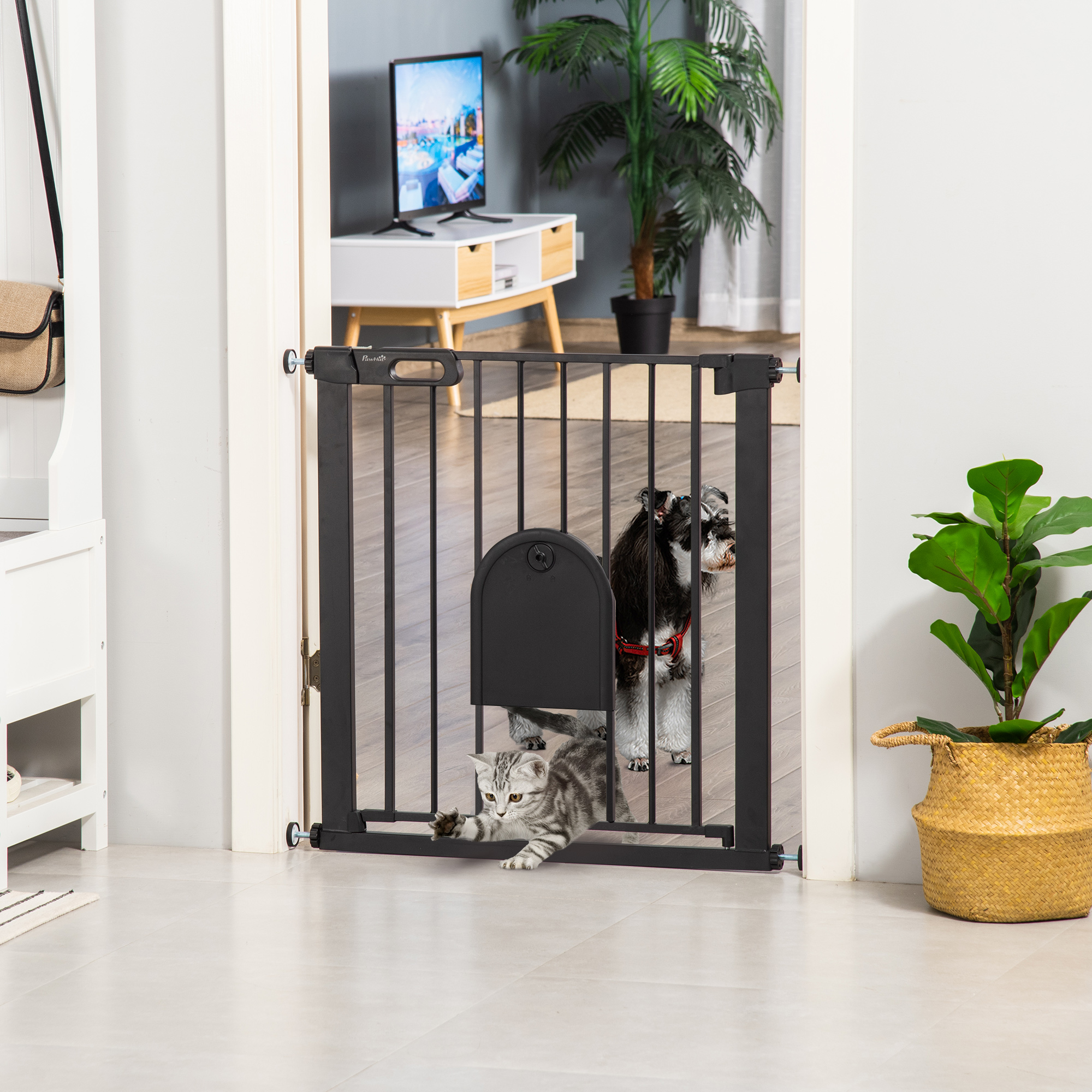 PawHut Haustiergitter mit automatischer Türschließung Doppelverriegelungssystem, Schwarz aus Stahl