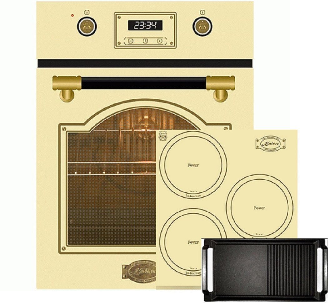 Backofen-Set Herd Set Autark Retro Einbau Backofen 45 cm 50 L 9 Fkt. Intelligent Sysytem mit Retro Induktionskochfeld 45 cm Elfenbein EH 4796 ElfAD+KCT 4795 FI ElfAD inkl. Grillplatte