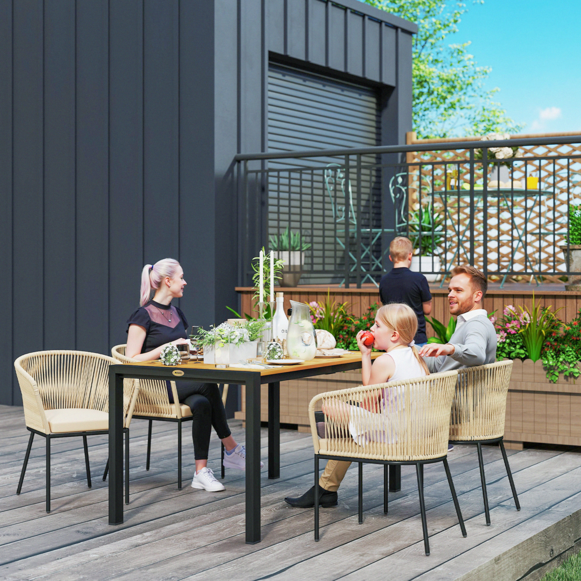 Outsunny 5-teiliges Gartenmöbel-Set, 4 Stühle, 1 Tisch, Kunst-Rattan, Stahlgestell, waschbare Kissen, für Terrasse, Khaki