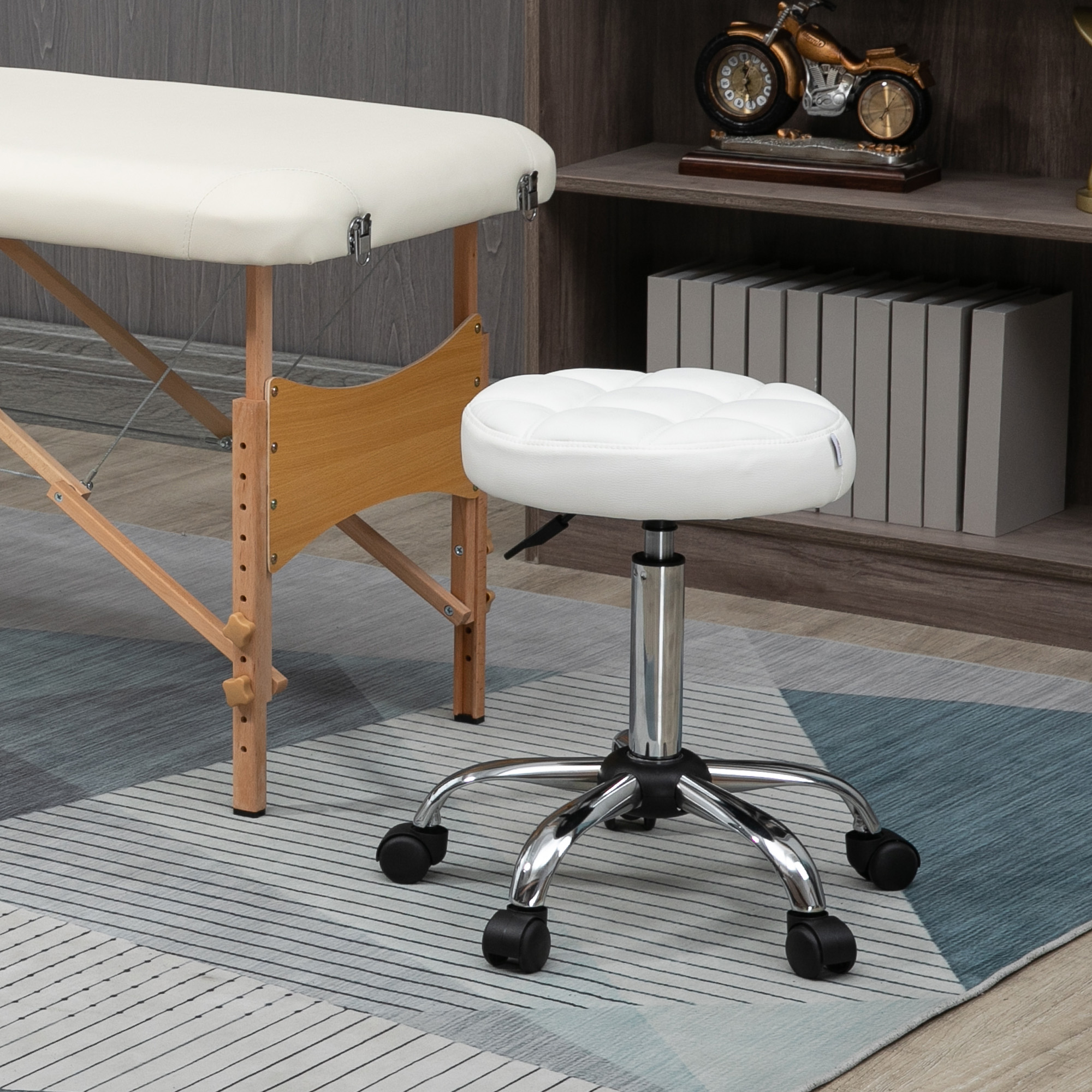 HOMCOM Drehhocker, Salonhocker, höhenverstellbar, Kunstleder, Steppdesign, Ø35,5 x 48-63 cm, Weiß/Silber