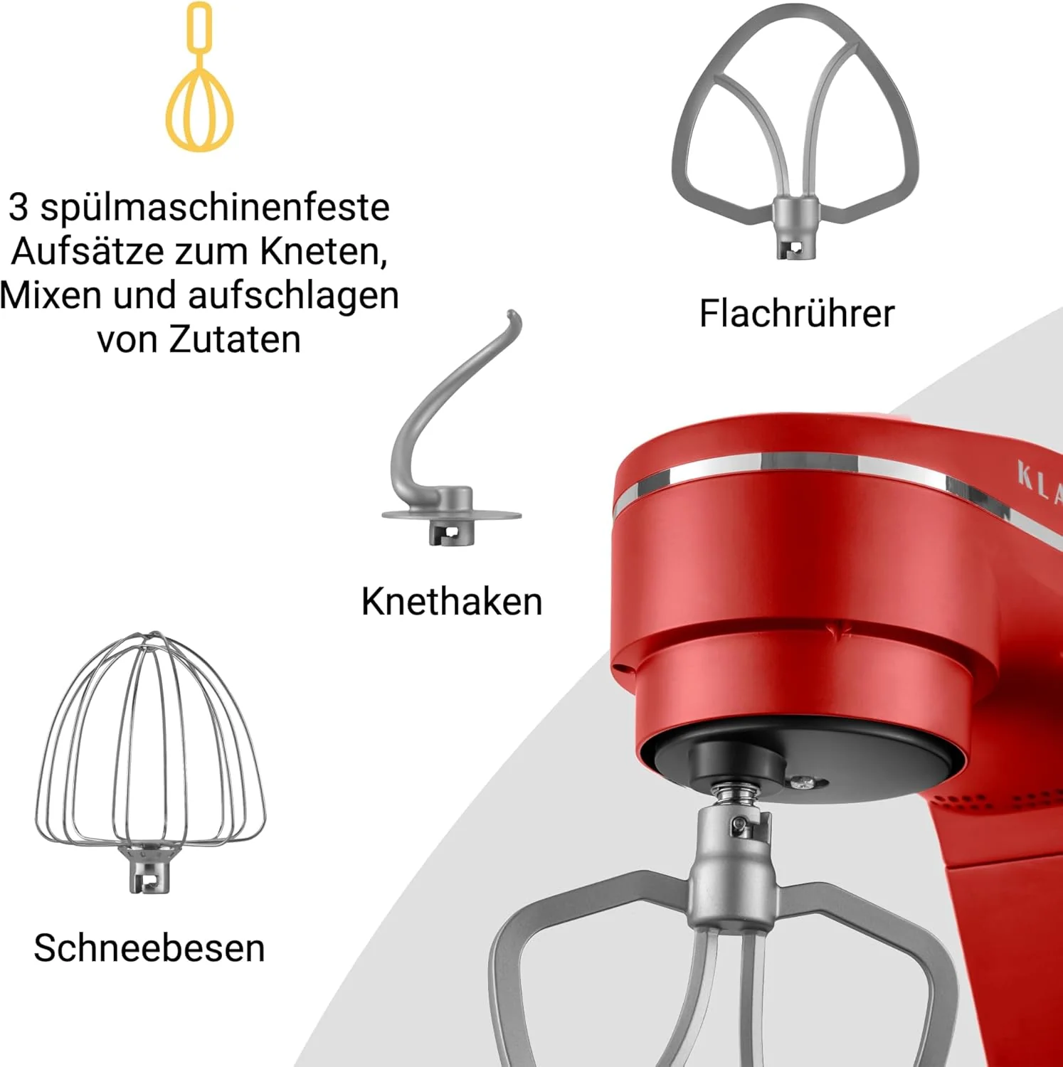 KLAMER Keukenmachine 1800W, Kneedmachine met 6 Liter RVS Kom, 10 Snelheidsstanden met Timer, Klopper, Deeghaak, Garde en Spatdeksel