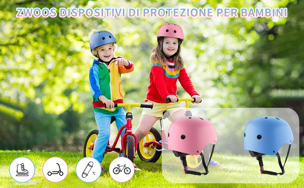 bambini in bicicletta con caschi