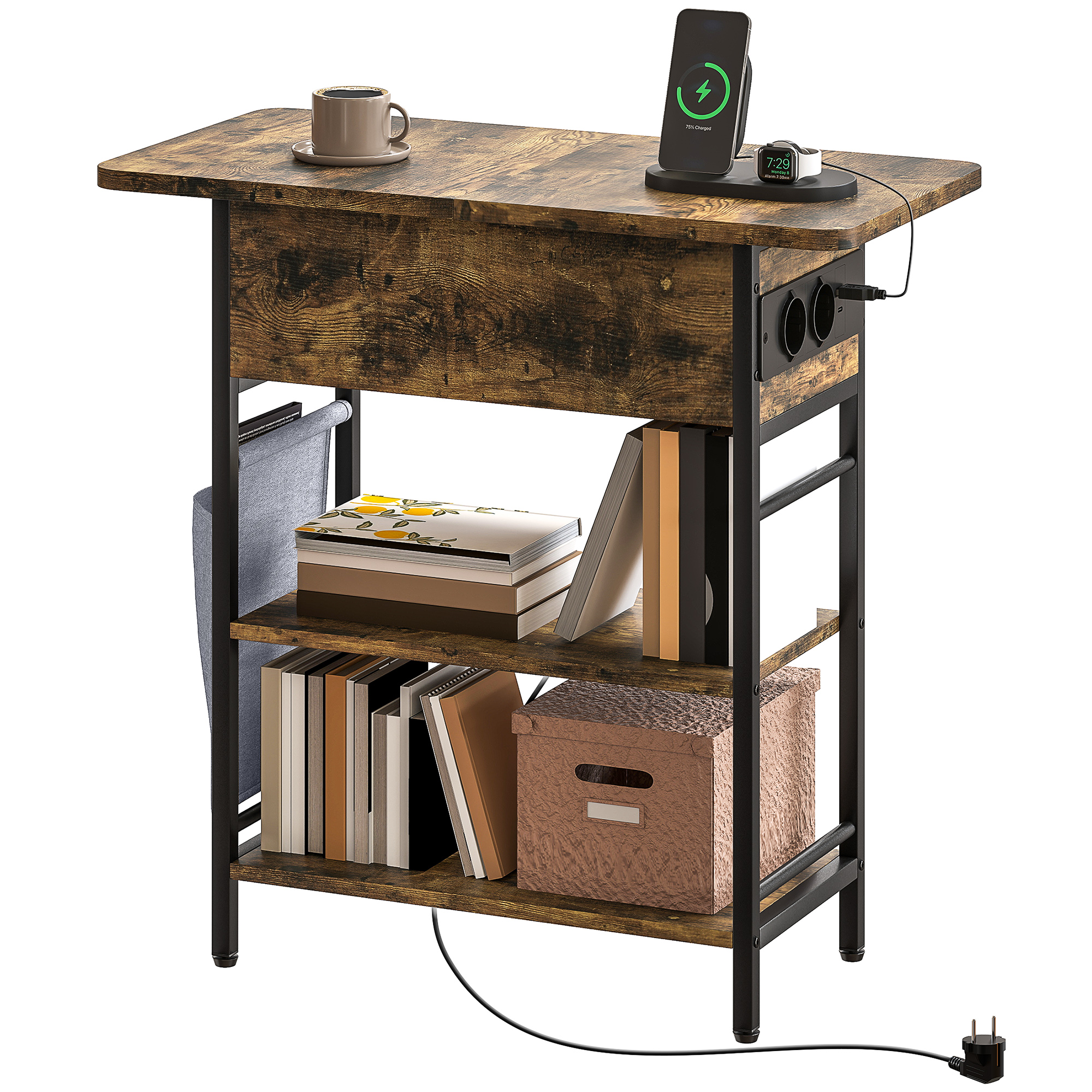 HOMCOM Beistelltisch Nachttisch mit Steckdosenleiste, 2 Ebenen, USB-Anschlüssen Stauraum 60 x 29,8 x 58,5 cm Rustikal Braun
