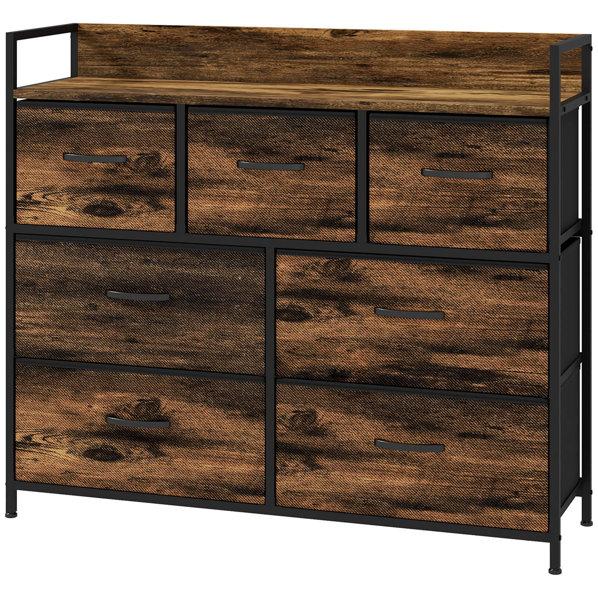 HOMCOM Kommode, Sideboard mit 7 Stoffschubladen, Industrial Design, Stahlrahmen, 98x29x85cm, Braun/Schwarz
