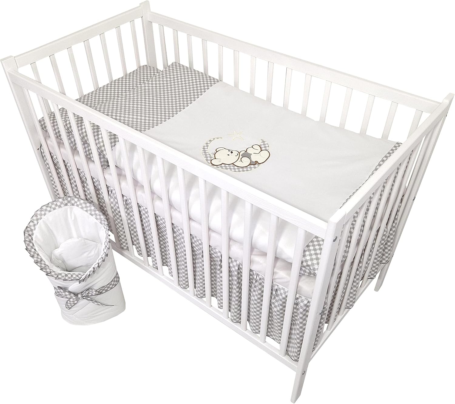 Bello24 - 16 Teiliges Babybett Kinderbett und Bettwäsche komplett Set Happy Leo inkl. Matratze höhenverstellbar für Neugeborene Babys und Kleinkinder aus Massivholz (Grau - Teddybär Mond)