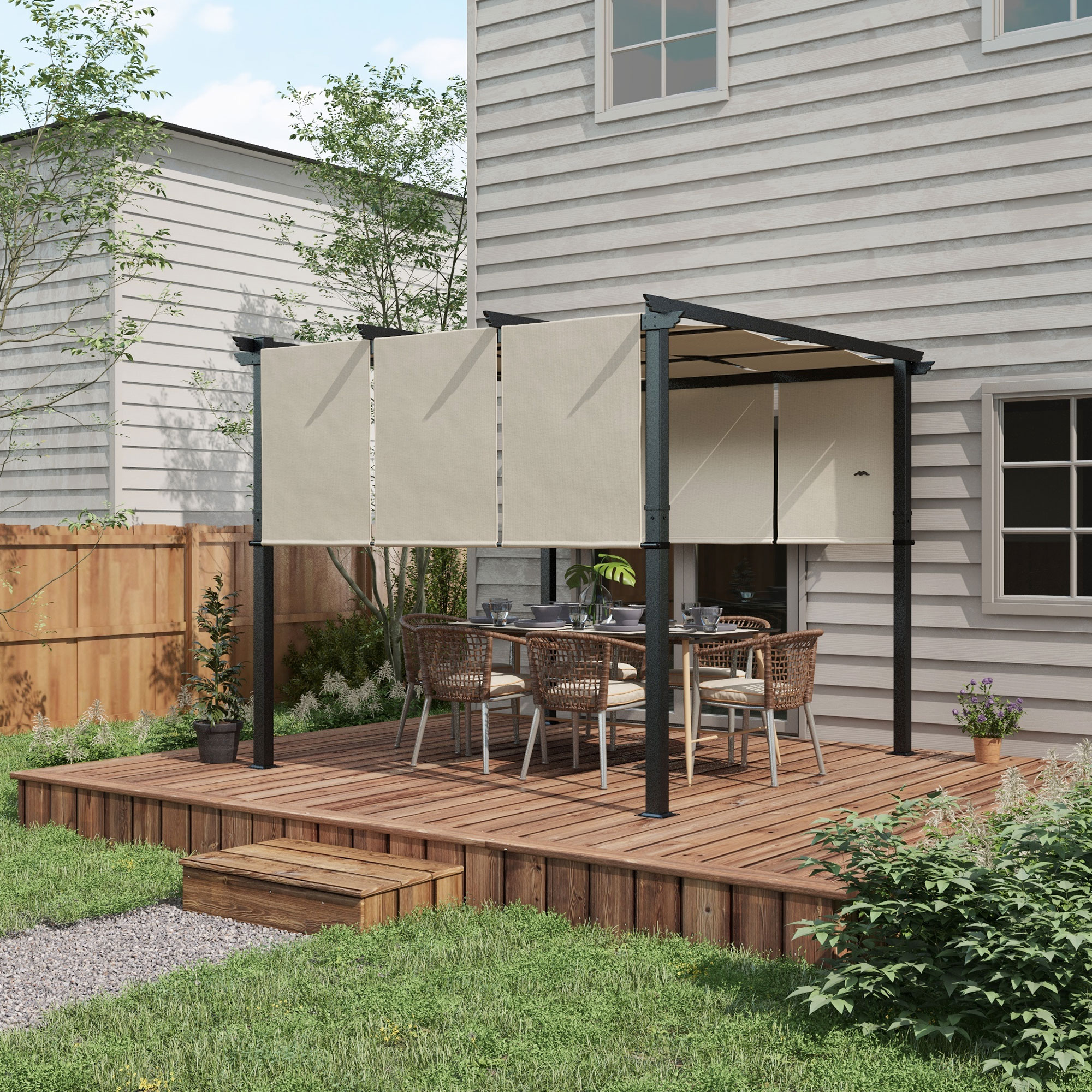 Outsunny Pergola mit 3 verschiebbaren Planen 3 x 3 m, Stahlkonstruktion Polyesterstoff in hoher Dichte 180g/㎡ Beige