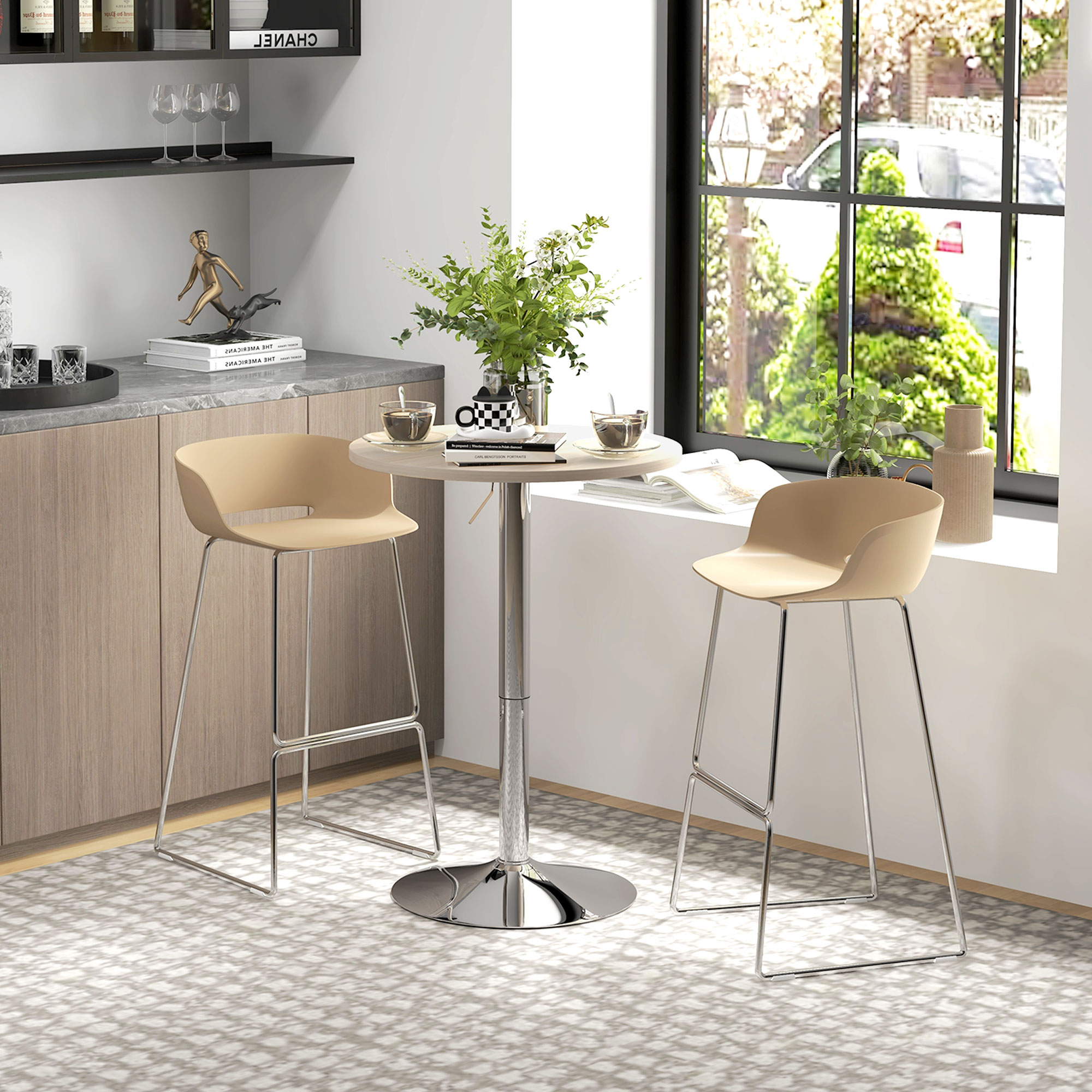 HOMCOM Runder Bartisch, hoher Küchentisch, höhenverstellbar 69-91 cm, 360° drehbare Platte in Natur und Grau