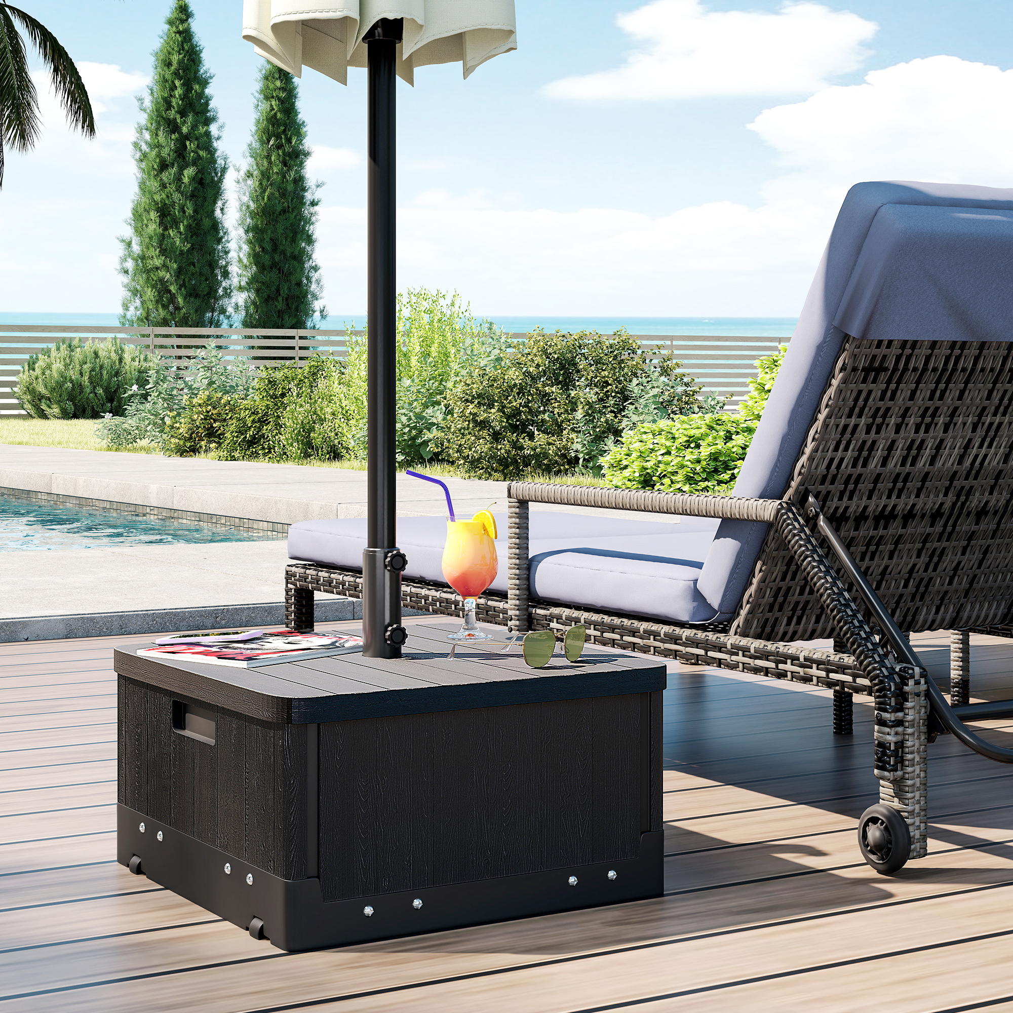 Outsunny 3-in-1 Sonnenschirm-Ständer, Beistelltisch, Blumenkasten, bis 80 kg Sand, wetterfest, Schwarz