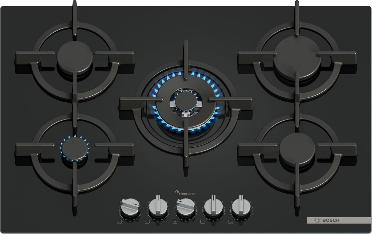 Bosch PPQ7A6I10 Serie 6, Piano cottura a gas, 75 cm, Vetro temperato, Manopole magnetiche removibili, Flame Select, Nero, Nero Vetro