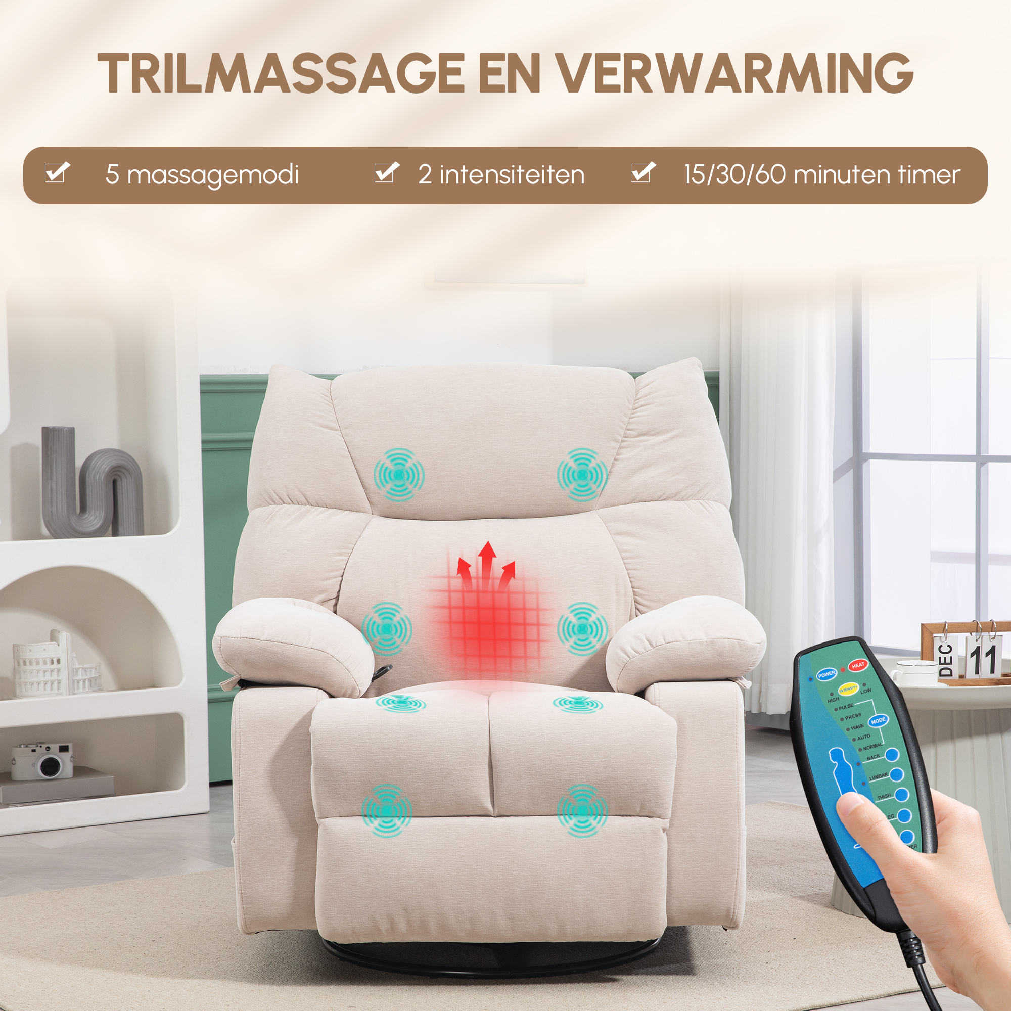 Massagestoel met Verwarmings- & Ligfunctie, Draaibaar, tot 150 kg, Metaal Frame, 98x90x98cm, Beige