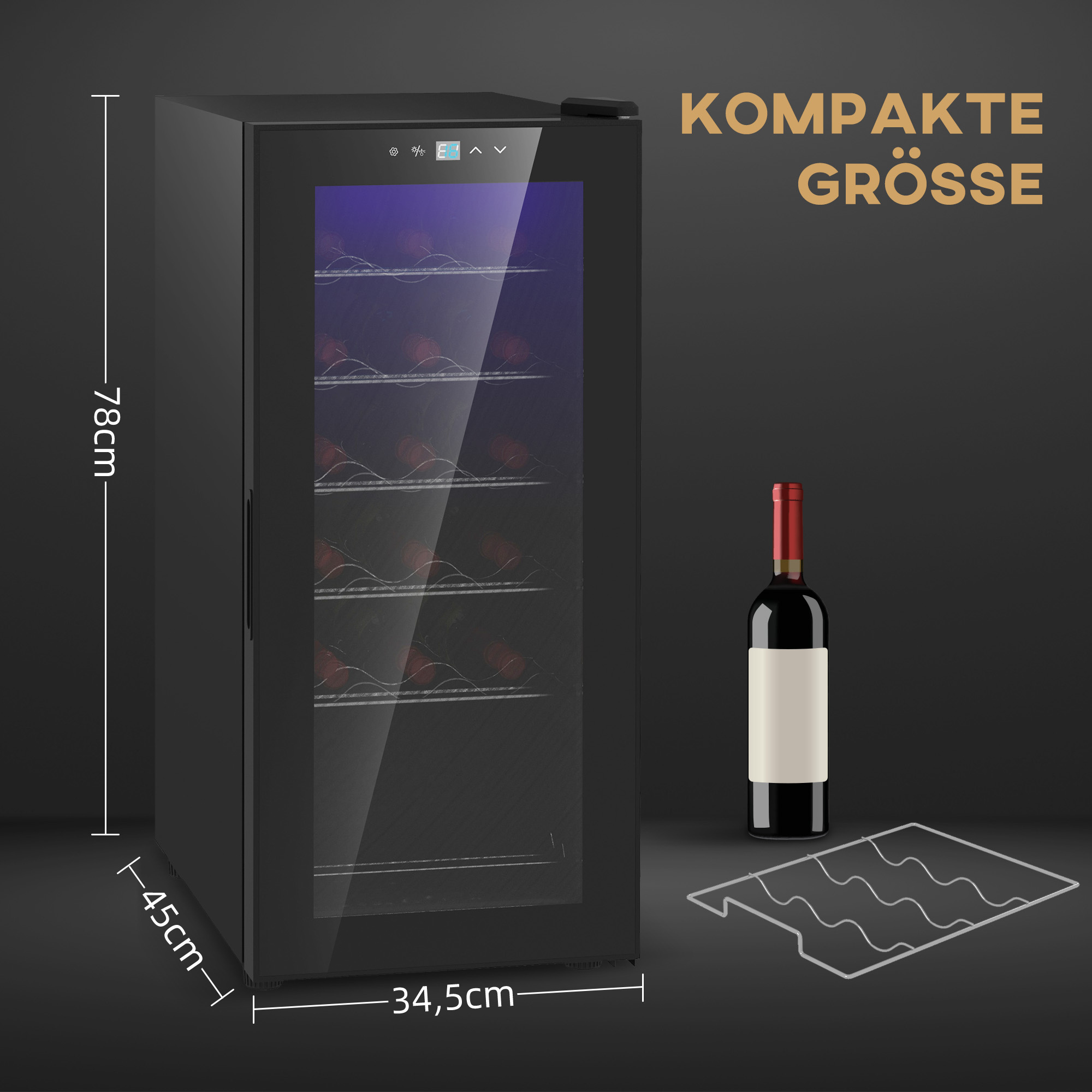 Wijnkoelkast, Stil, 5-18��C, Touchscreen, Verlichting, 34,5x45x78cm, Zwart