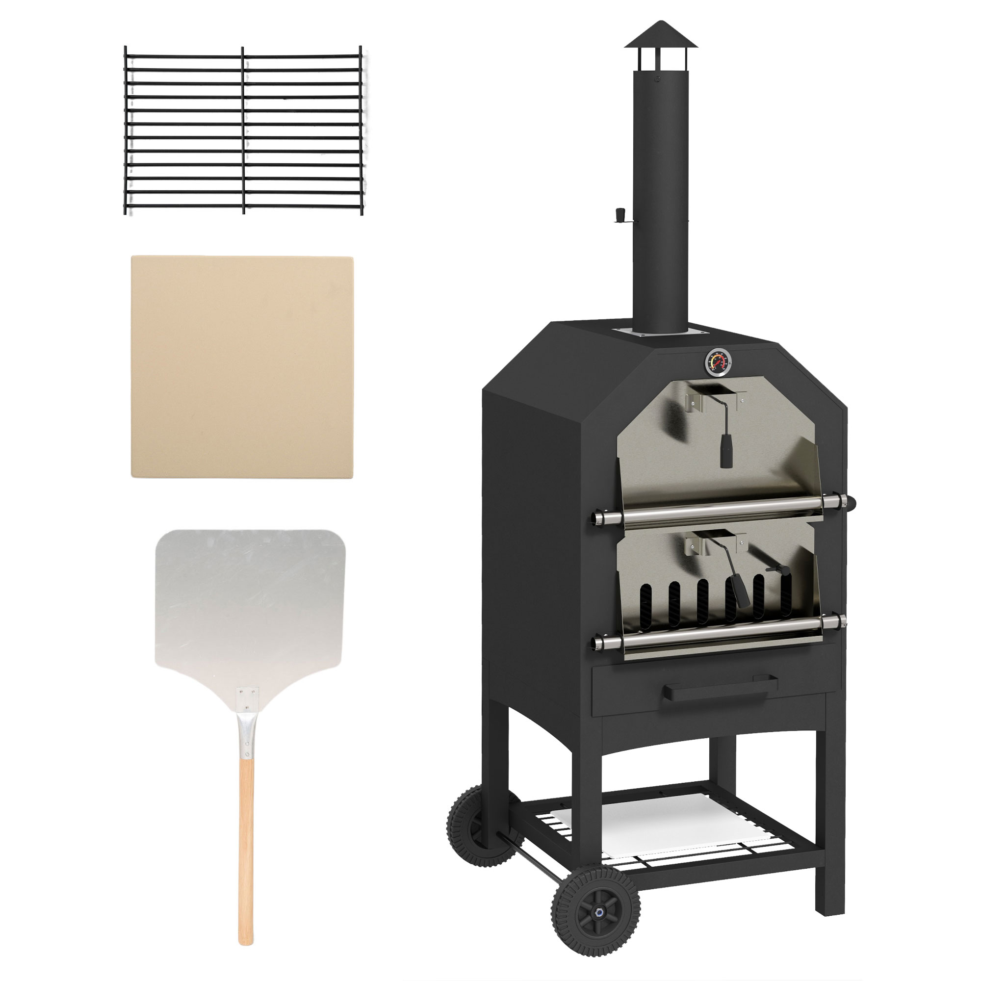 Outsunny 2-in-1 Outdoor Pizzaofen, mit Pizzastein, Aschefach, 2x Grillrost, Thermometer, rostfrei, Schwarz