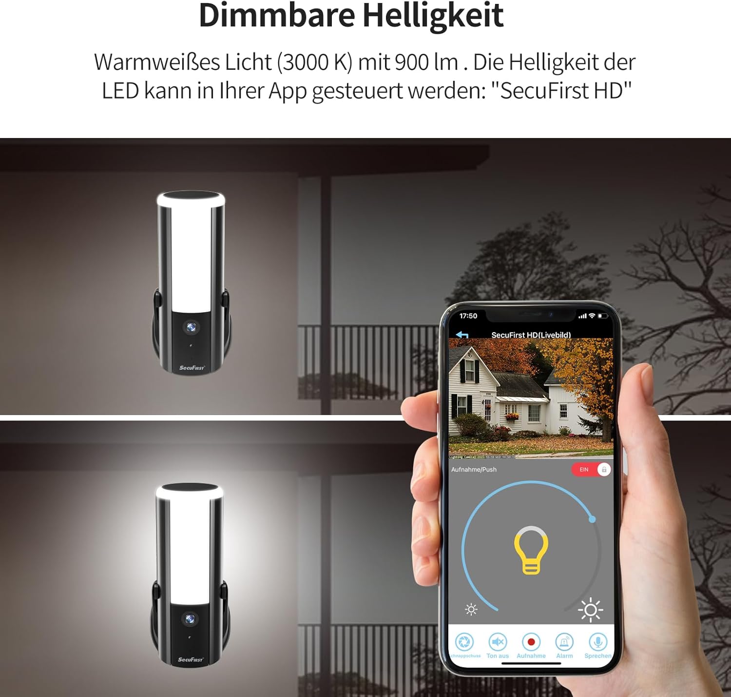 SecuFirst Wandleuchte Kamera, Kabelgebundene Außenleuchte mit Kamera mit Bewegungsmelder, 900LM,10W,2K Outdoor Überwachung mit LED Strahler, 2 STK.