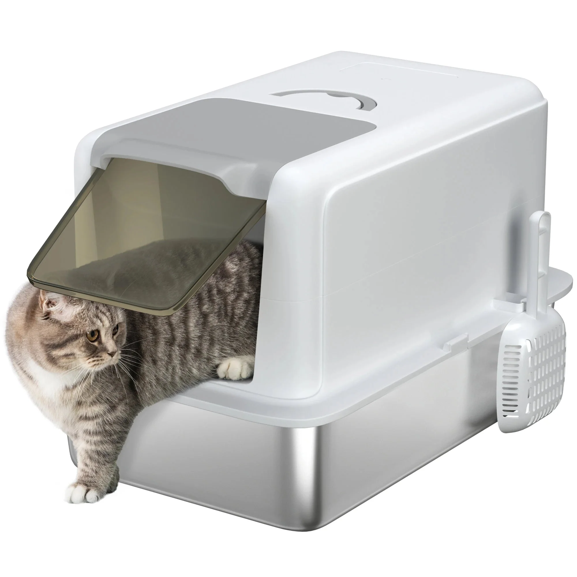 Covered Cat Litter Box �C Stainless Steel Tray, Front Flap & Integrated Scoop