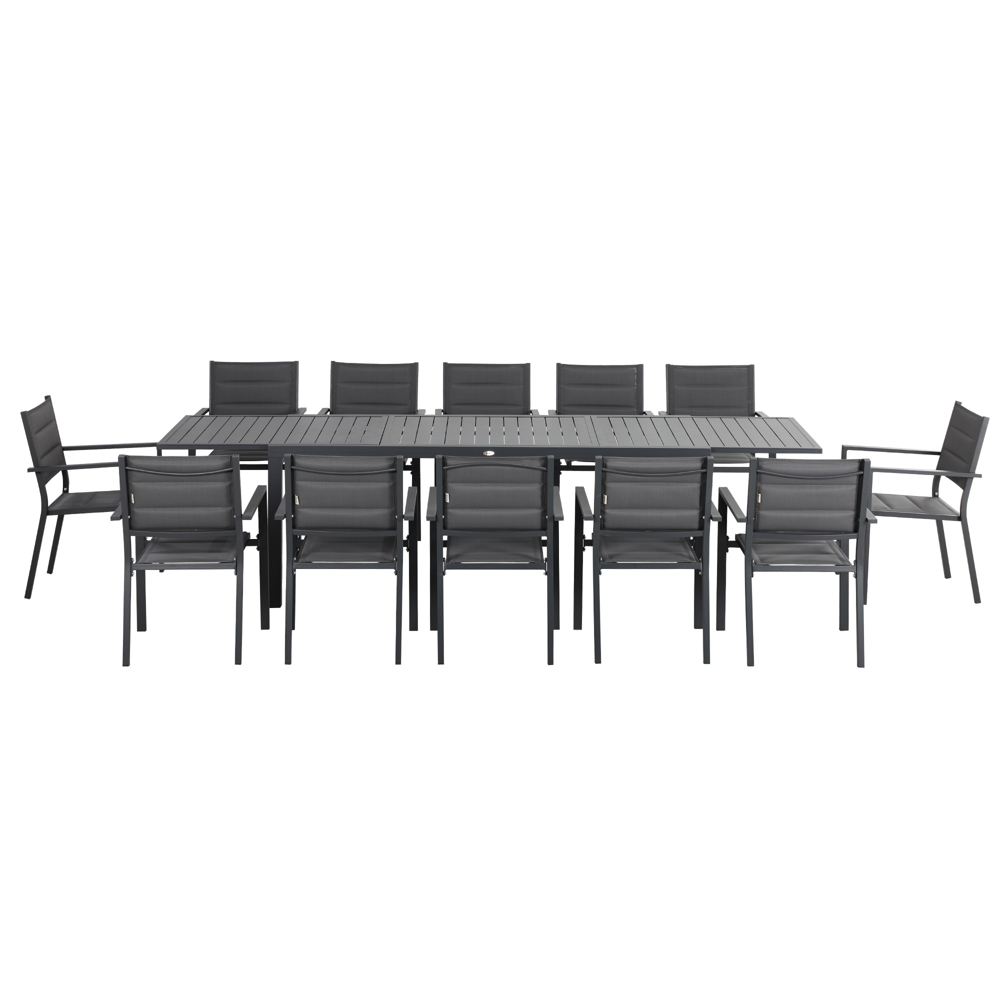 Outsunny Gartenmöbel-Set aus Aluminium und Textilene, ausziehbarer Tisch für 8/12 Personen, 12 stapelbare Stühle, Dunkelgrau