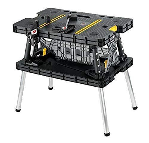 Keter – 197283 Tavolo da lavoro pieghevole per supporto sega troncatrice, utensili e accessori per lavorazione del legno con morsetti per legno da 12 pollici inclusi – Facile da riporre in garage, nero/giallo