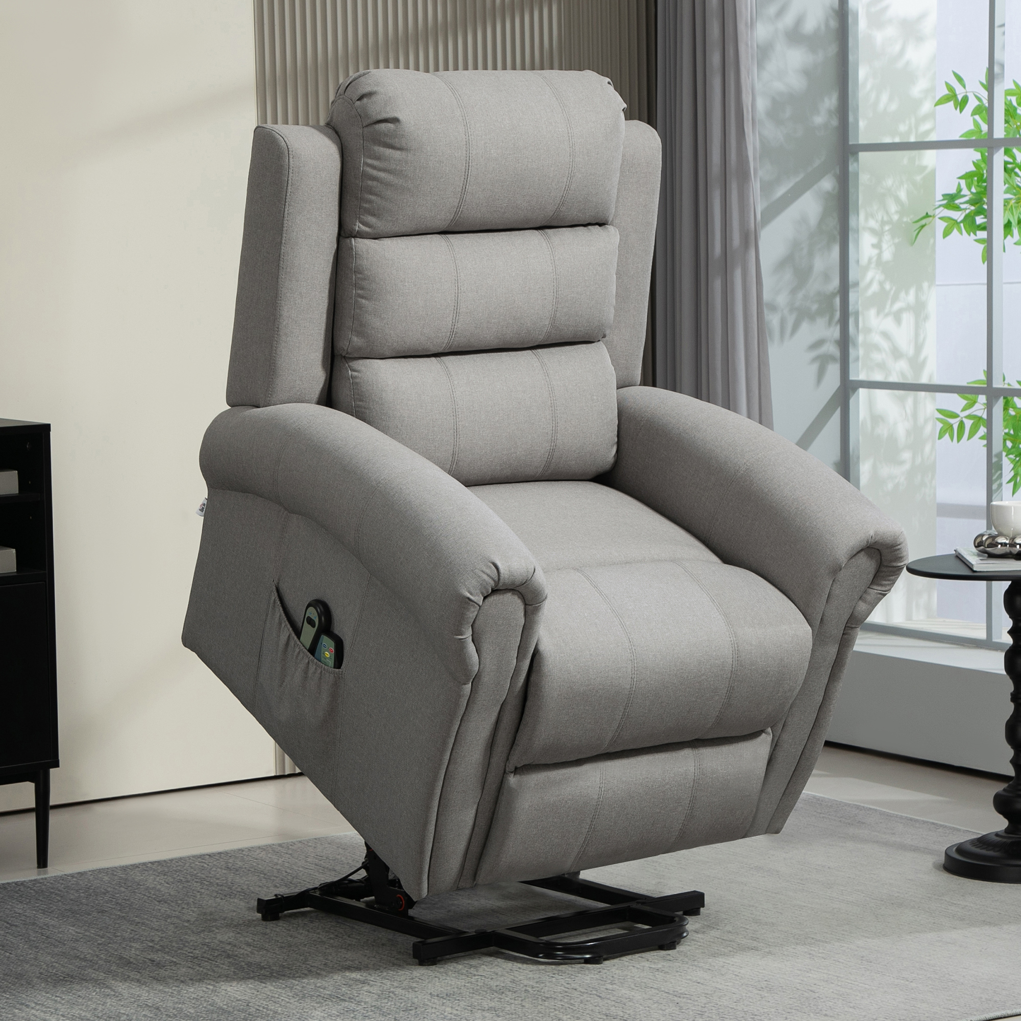 HOMCOM Relaxsessel mit Aufstehhilfe, 8 Massagepunkte, beheizbare Rückenlehne, Leinenoptik, Grau