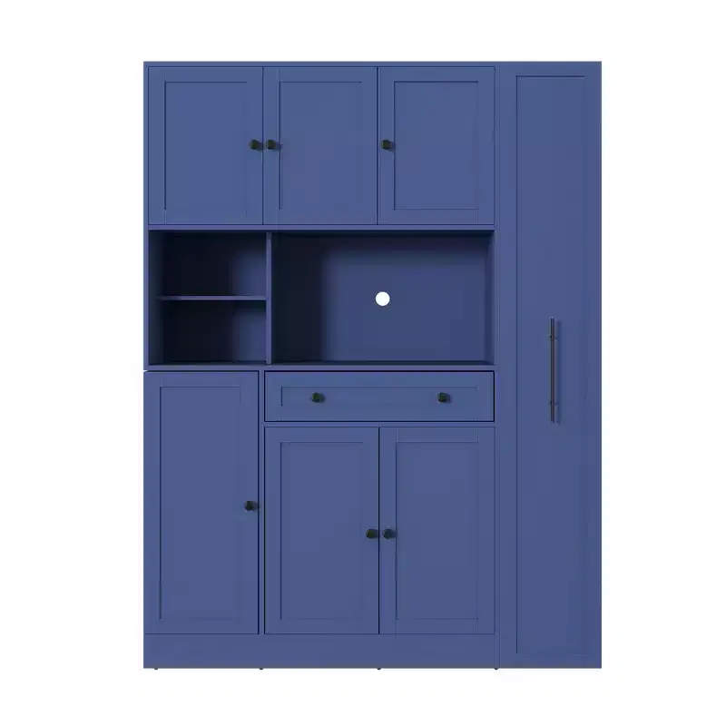 Kitchen Pantry Cabinet with Hutch and Pull-Out Side Cabinet