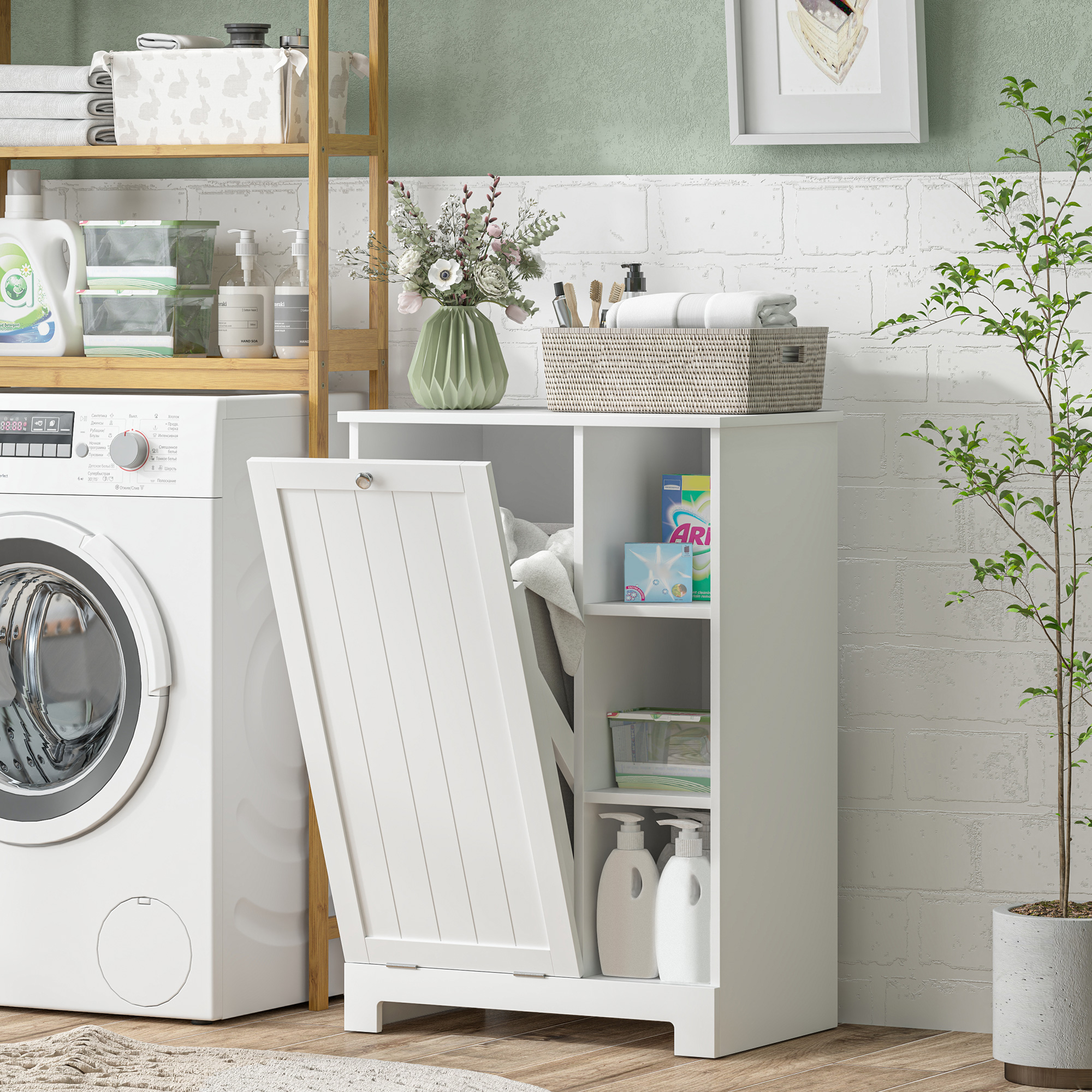 HOMCOM Mobile Badezimmer Wäschekorb mit abnehmbarem Korb und verstellbaren Regalen, 60x38x86 cm, Weiß