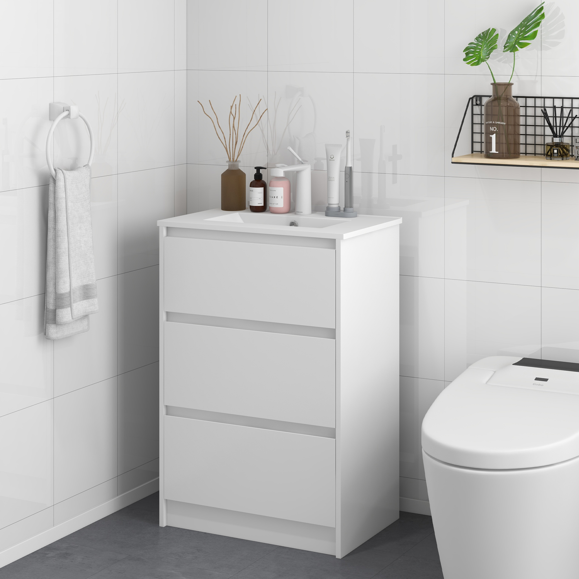kleankin Badezimmerschrank mit 2 Schubladen und synthetischem Keramikwaschbecken, 61 x 37 x 88 cm, glänzendes Weiß lackiert