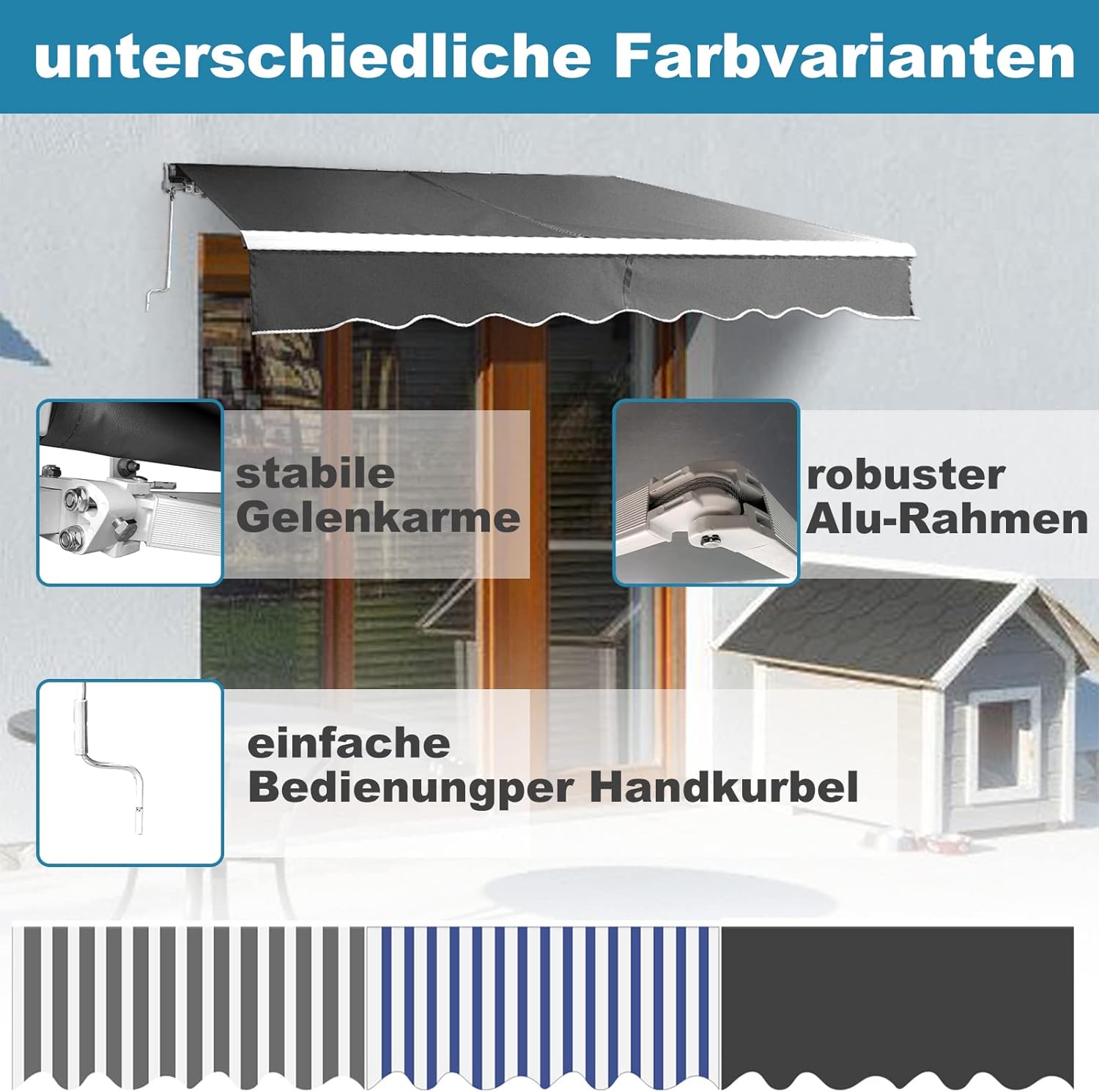 manuelle Gelenkarmmarkise 350 x 300 cm Markise Sonnenmarkise Sonnenschutz mit Kurbel, Anti-UV und wasserfest, Alu/Polyester für Balkon, Terrasse, Garten, Grau