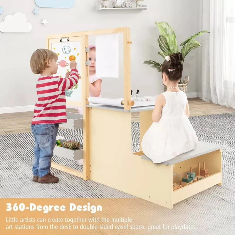 Kids Wooden Art Center Easel with Adjustable Double-Sided Blackboard & Whiteboard, Paper Roll, Toddler Art Table & Chair Set with Storage