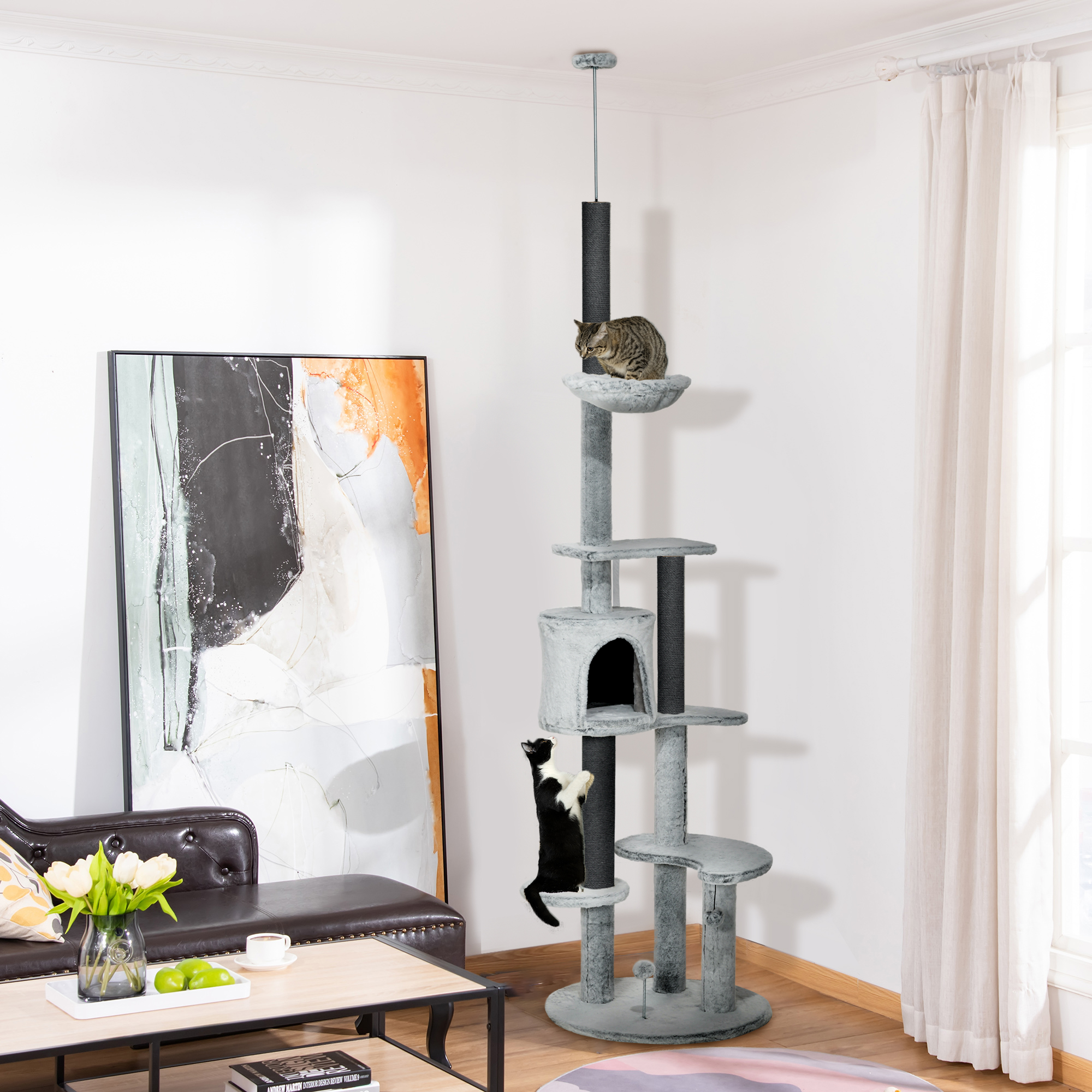 PawHut Kratzbaum mit Deckenspanner, Hängematte, Haus, Plattformen, Spielball, 225-255cm, Grau