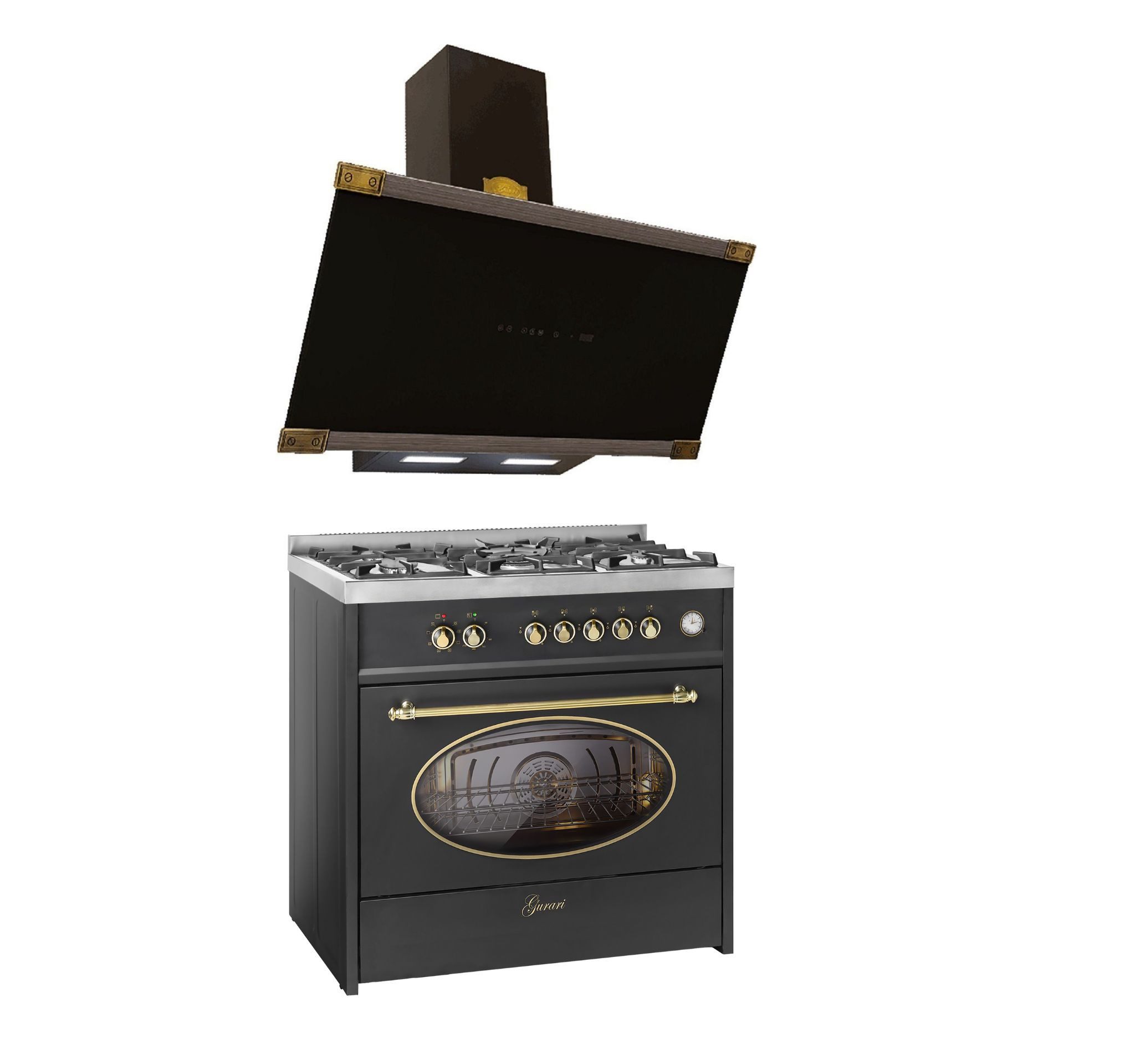 Gas-Standherd Retro Gas Elektro Standherd 90 cm Range Coocker 121L+Dunstabzugshaube 90 cm, 1250 m³/h GCH E 914 BL r+AT 9445 AD Eco