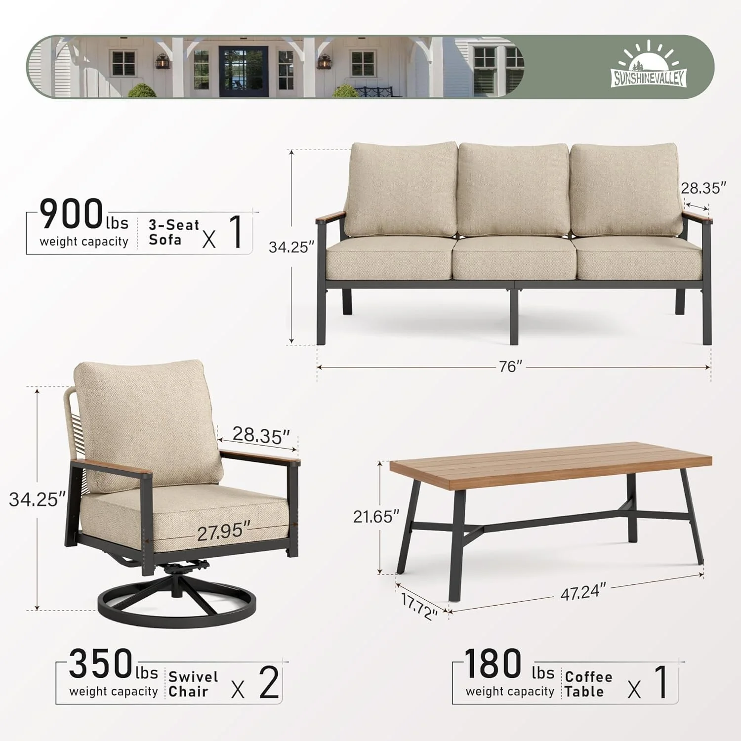 4 Piece Patio Furniture Set with Swivel Chairs