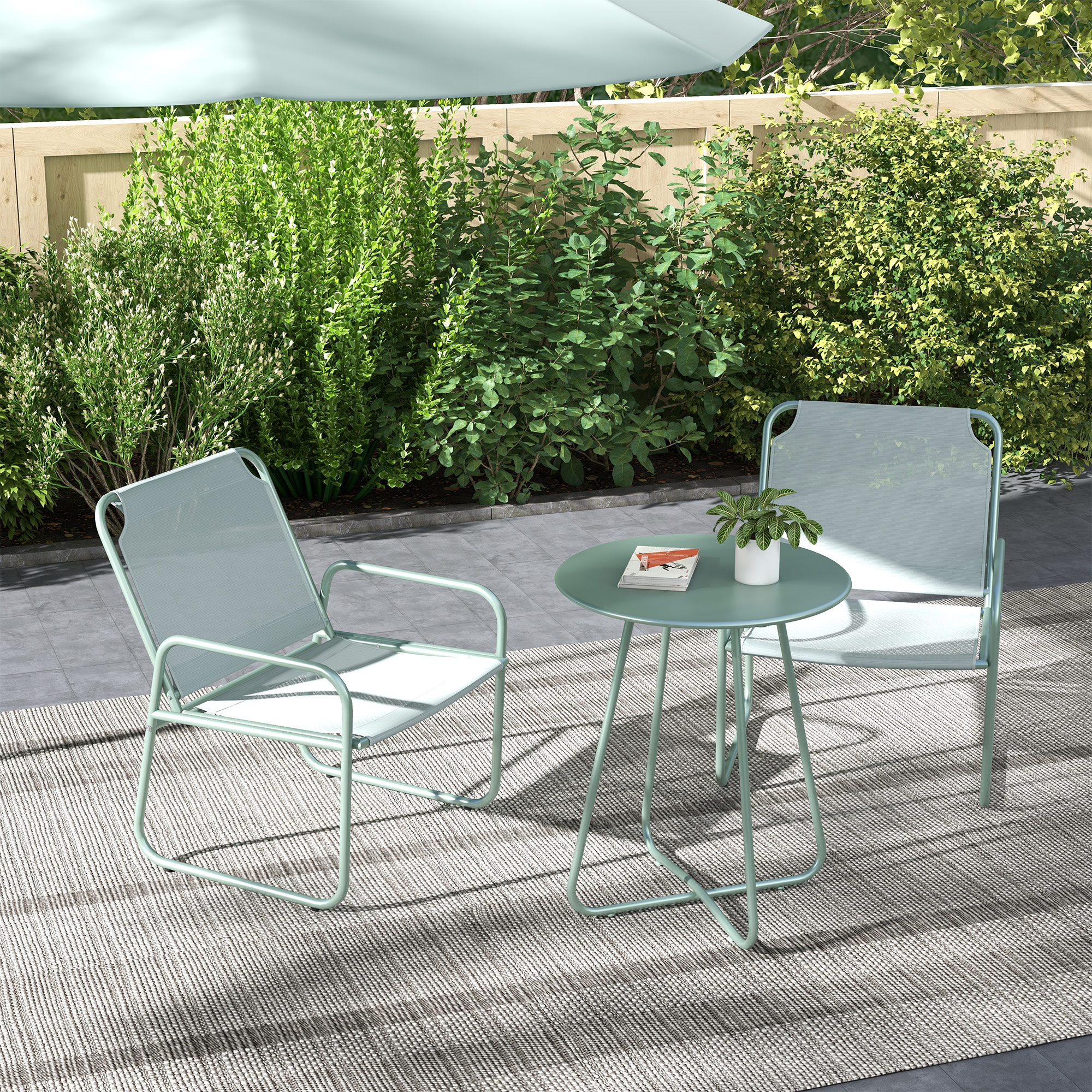 Outsunny 3-teiliges Gartenmöbelset, 2 Stühle mit atmungsaktivem Stoffbezug, 1 runder Tisch Ø60 cm, Grün