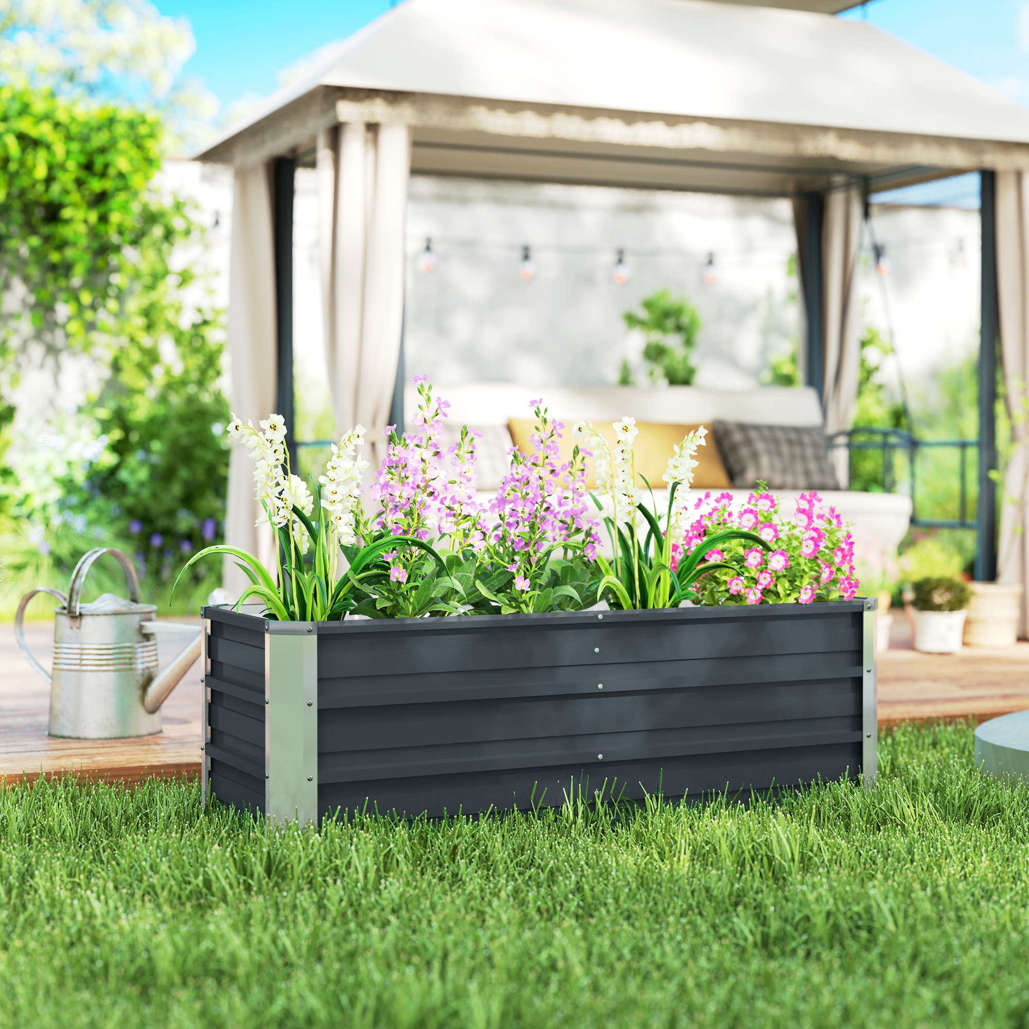Outsunny Hochbeet aus Stahl Gartenbeet Pflanzkasten Blumenkasten Blumenkübel mit Handschuhe Kohlegrau 125 x 47 x 40 cm