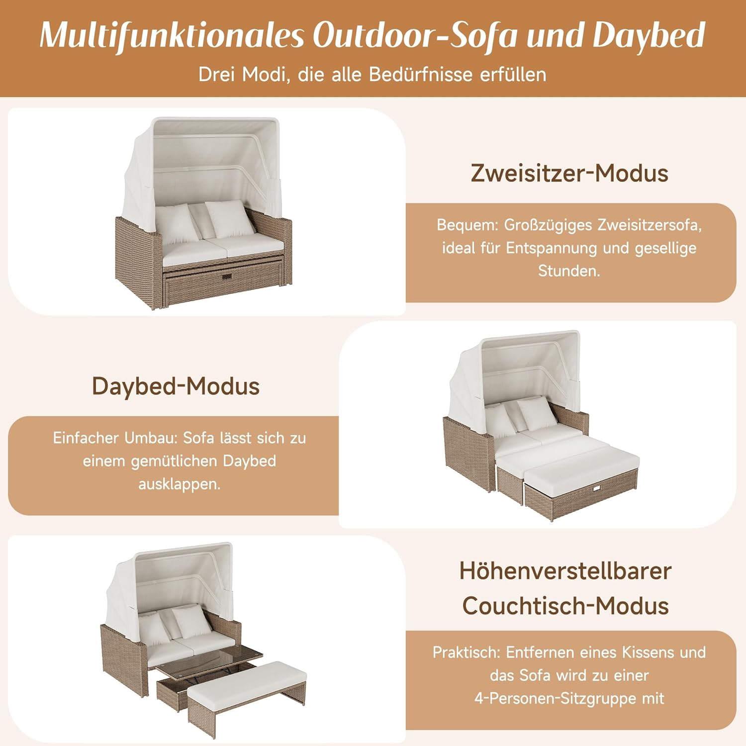 Polyrattan Gartenmöbel für 2-4 Personen, Gartensofa, Loungesofa, Verstellbarer Couchtisch, Abnehmbare Markise, PE-Rattan und Schwamm, Khaki