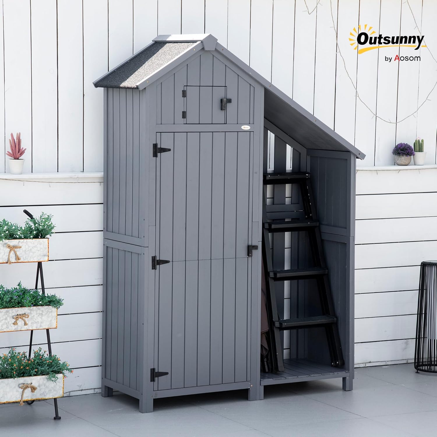 Outsunny Gartenschrank Holz Geräteschrank Gartenhaus mit Giebeldach Holzhütte Geräteschuppen 129 x 51,5 x 180 cm Grau+Schwarz